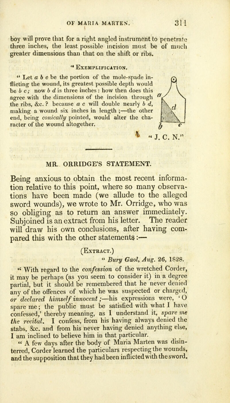 boy will prove that for a right angled instrument to penetrate three inches, the least possible incision must be of much greater dimensions than that on the shift or ribs. Exemplification.  Let a b c be the portion of the mole-spade in- flicting the wound, its greatest possible depth would be b c; now 6 d is three inches : how then does this agree with the dimensions of the incision through the ribs, &c. ? because a c will double nearly b dt making a wound six inches in length ;—the other end, being conically pointed, would alter the cha- racter of the wound altogether. ^ c * « J. C. N.' MR. ORRIDGE'S STATEMENT. Being anxious to obtain the most recent informa- tion relative to this point, where so many observa- tions have been made (we allude to the alleged sword wounds), we wrote to Mr. Orridge, who was so obliging as to return an answer immediately. Subjoined is an extract from his letter. The reader will draw his own conclusions, after having com- pared this with the other statements:— (Extract.)  Bury Gaol, Aug. 26, 1828. «* With regard to the confession of the wretched Corder, it may be perhaps (as you seem to consider it) in a degree partial, but it should be remembered that he never denied any of the offences of which he was suspected or charged, or declared himself innocent;—his expressions were, 'O spare me; the public must, be satisfied with what I have confessed,' thereby meaning, as I understand it, spare me the recital. I confess, from his having always denied the stabs, &c. and from his never having denied anything else, I am inclined to believe him in that particular.  A few days after the body of Maria Marten was disin- terred, Corder learned the particulars respecting the wounds, and the supposition that they had been inflicted with the sword.
