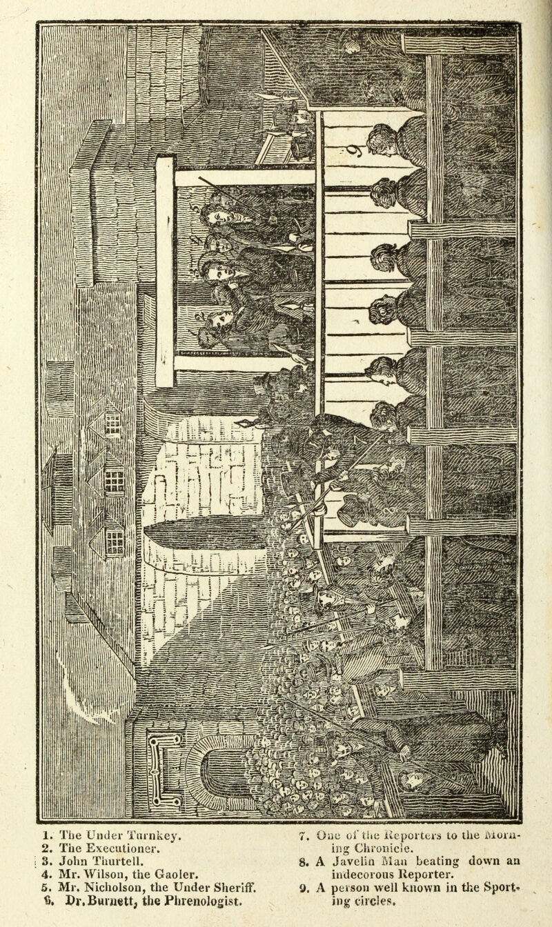 1. The Under Turnkey. 2. The Executioner, i 3. John Thurtell. 4. Mr. Wilson, the Gaoler. 5. Mr. Nicholson, the Under Sheriff. % Dr. Burnett, the Phrenologist. 7. One oi' the Reporters to the Morn- ing Chronicle. 8. A Javelin Man beating down an indecorous Reporter. 9. A person well known in the Sport* ing circles.