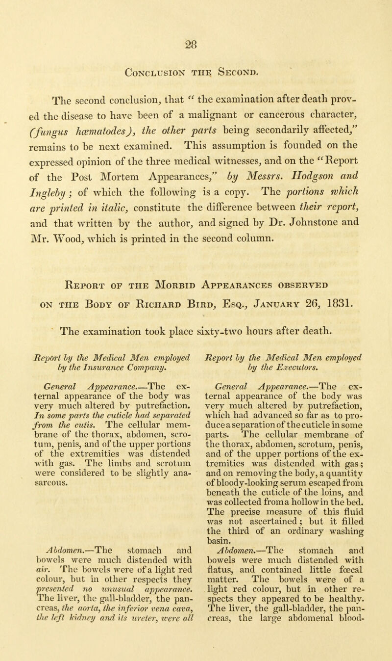 Conclusion the Second. The second conclusion, that  the examination after death prov- ed the disease to have been of a malignant or cancerous character, (fungus hcematodes), the other parts being secondarily affected/' remains to be next examined. This assumption is founded on the expressed opinion of the three medical witnesses, and on the Report of the Post Mortem Appearances/' by Messrs. Hodgson and Ingleby ; of which the following is a copy. The portions which are printed in italic, constitute the difference between their report, and that written by the author, and signed by Dr. Johnstone and Mr. Wood, which is printed in the second column. Report of the Morbid Appearances observed on the Body of Richard Bird, Esq., January 26, 1831. The examination took place sixty-two hours after death. Report by the Medical Men employed by the Insurance Company. General Appearance—The ex- ternal appearance of the body was very much altered by putrefaction. In some parts the cuticle had separated from the cutis. The cellular mem- brane of the thorax, abdomen, scro- tum, penis, and of the upper portions of the extremities was distended with gas. The limbs and scrotum were considered to be slightly ana- sarcous. Abdomen.—The stomach and bowels were much distended with air. The bowels were of a light red colour, but in other respects they presented no unusual appearance. The liver, the gall-bladder, the pan- creas, the aorta, the inferior vena cava, the left kidney and its ureter, were all Report the Medical Men employed by the Executors. General Appearance.—The ex- ternal appearance of the body was very much altered by putrefaction, which had advanced so far as to pro- duce a separation of the cuticle in some parts. The cellular membrane of the thorax, abdomen, scrotum, penis, and of the upper portions of the ex- tremities was distended with gas; and on removing the body, a quantity of bloody-looking serum escaped from beneath the cuticle of the loins, and was collected from a hollow in the bed. The precise measure of this fluid was not ascertained; but it filled the third of an ordinary washing basin. Abdomen.—The stomach and bowels were much distended with flatus, and contained little foecal matter. The bowels were of a light red colour, but in other re- spects they appeared to be healthy. The liver, the gall-bladder, the pan- creas, the lame abdomenal blood-