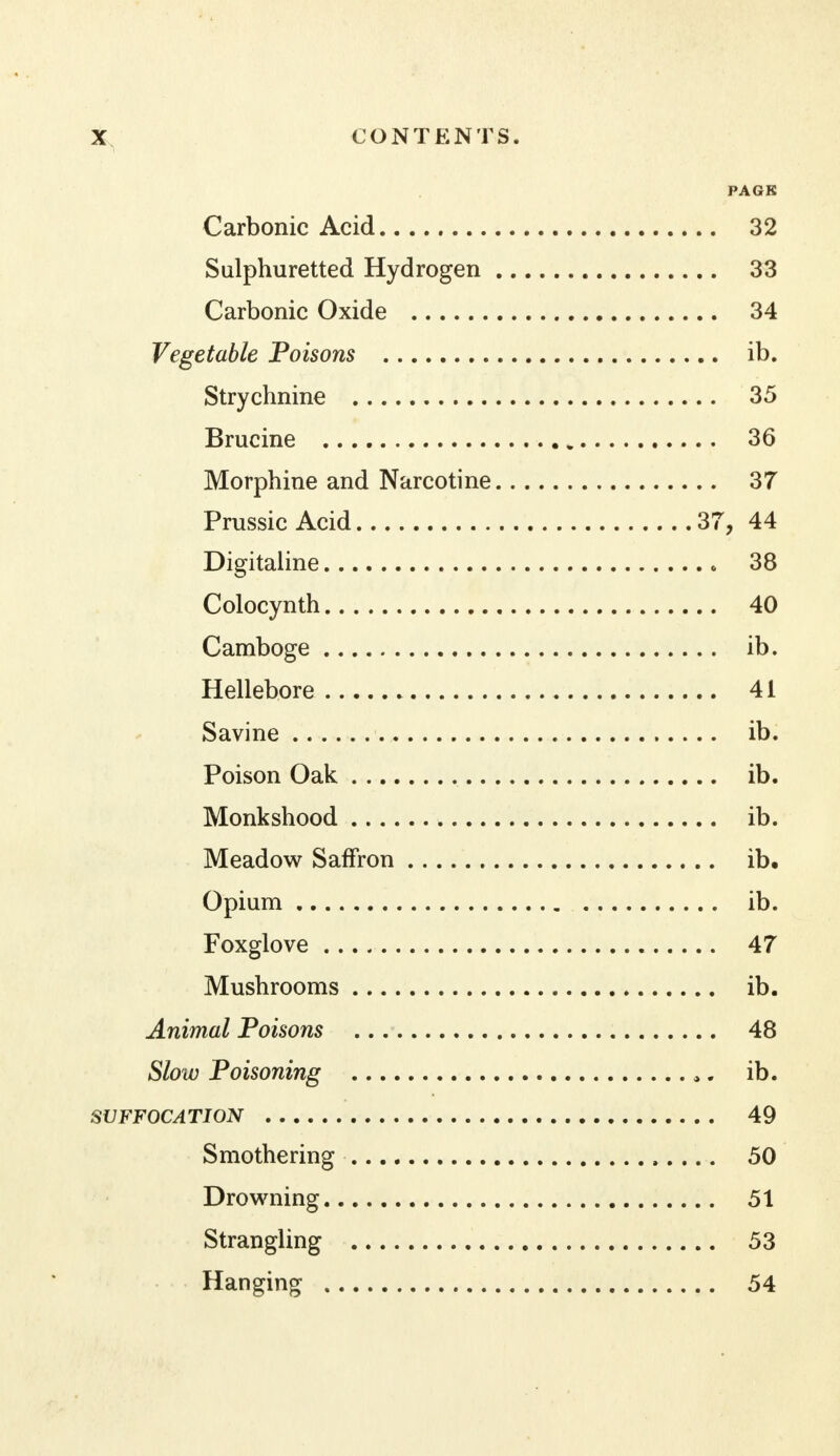 PAGK Carbonic Acid 32 Sulphuretted Hydrogen 33 Carbonic Oxide 34 Vegetable Poisons ib. Strychnine 35 Brucine 36 Morphine and Narcotine 37 Prussic Acid 37, 44 Digitaline 38 Colocynth 40 Camboge ib. Hellebore 41 Savine ib. Poison Oak ib. Monkshood ib. Meadow Saffron ib. Opium ib. Foxglove 47 Mushrooms ib. Animal Poisons 48 Slow Poisoning 4. ib. SUFFOCATION 49 Smothering 50 Drowning 51 Strangling 53 Hanging 54