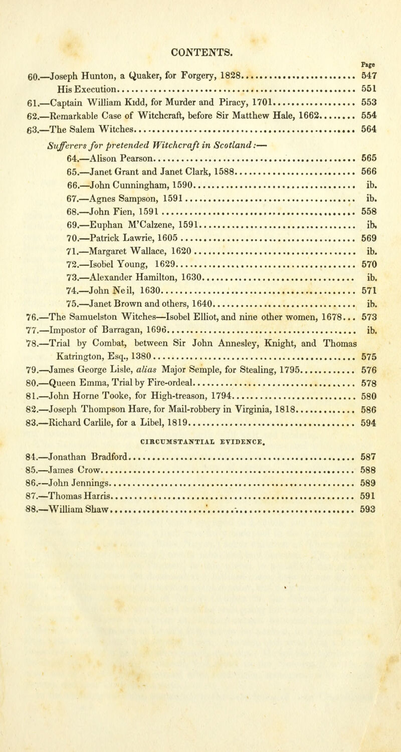 Page 60. —Joseph Hunton, a Quaker, for Forgery, 1828 547 His Execution 551 61. —Captain William Kidd, for Murder and Piracy, 1701 553 62. —Remarkable Case of Witchcraft, before Sir Matthew Hale, 1662 554 63. —The Salem Witches 564 Sufferers for pretended Witchcraft in Scotland:— 64. —Alison Pearson 565 65. —Janet Grant and Janet Clark, 1588 566 66. —John Cunningham, 1590 ib. 67. —Agnes Sampson, 1591 ib. 68. —John Fien, 1591 558 69. —Euphan M'Calzene, 1591 ib, 70. —Patrick Lawrie, 1605 569 71. —Margaret Wallace, 1620 ib. 72. —Isobel Young, 1629 570 73. —Alexander Hamilton, 1630 ib. 74. —John Neil, 1630 571 75. —Janet Brown and others, 1640 ib. 76. —The Samuelston Witches—Isobel Elliot, and nine other women, 1678... 573 77. —Impostor of Barragan, 1696 ib. 78. —Trial by Combat, between Sir John Annesley, Knight, and Thomas Katrington, Esq., 1380 575 79. —James George Lisle, alias Major Semple, for Stealing, 1795 576 80. —Queen Emma, Trial by Fire-ordeal 578 81. —John Home Tooke, for High-treason, 1794 580 82. —Joseph Thompson Hare, for Mail-robbery in Virginia, 1818 586 83. —Richard Carlile, for a Libel, 1819 594 CIRCUMSTANTIAL EVIDENCE. 84. —Jonathan Bradford 587 85. —James Crow 588 86. —John Jennings 589 87. —Thomas Harris 591 88. —William Shaw ' -. 593