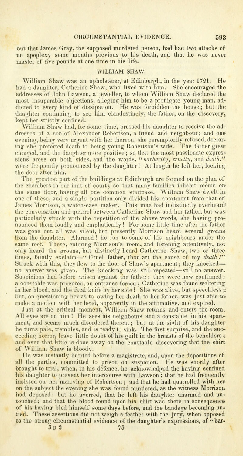 out that James Gray, the supposed murdered person, had haa two attacks of an apoplexy some months previous to his death, and that he was never master of five pounds at one time in his life. WILLIAM SHAW. William Shaw was an upholsterer, at Edinburgh, in the year 1721. He had a daughter, Catherine Shaw, who lived with him. She encouraged the addresses of John Lawson, a jeweller, to whom William Shaw declared the most insuperable objections, alleging him to be a profligate young man, ad- dicted to every kind of dissipation. He was forbidden the house; but the daughter continuing to see him clandestinely, the father, on the discovery, kept her strictly confined. William Shaw had, for some time, pressed his daughter to receive the ad- dresses of a son of Alexander Robertson, a friend and neighbour; and one evening, being very urgent with her thereon, she peremptorily refused, declar- ing she preferred death to being young Robertson's wife. The father grew enraged, and the daughter more positive; so that the most passionate expres- sions arose on both sides, and the words, barbarity, cruelty, and death,'''' were frequently pronounced by the daughter! At length he left her, locking the door after him. The greatest part of the buildings at Edinburgh are formed on the plan of the chambers in our inns of court; so that many families inhabit rooms on the same floor, having all one common staircase. William Shaw dwelt in one of these, and a single partition only divided his apartment from that of James Morrison, a watch-case maker. This man had indistinctly overheard1 the conversation and quarrel between Catherine Shaw and her father, but was particularly struck with the repetition of the above words, she having pro- nounced them loudly and emphatically! For some little time after the father was gone out, all was silent, but presently Morrison heard several groans from the daughter. Alarmed ! he ran to some of his neighbours under the same roof. These, entering Morrison's room, and listening attentively, not only heard the groans, but distinctly heard Catherine Shaw, two or three times, faintly exclaim— Cruel father, thou art the cause of my death / Struck with this, they flew to the door of Shaw's apartment; they knocked— no answer was given. The knocking was still repeated—still no answer. Suspicions had before arisen against the father ; they were now confirmed : a constable was procured, an entrance forced ; Catherine was found weltering in her blood, and the fatal knife by her side ! She was alive, but speechless ;. but, on questioning her as to owing her death to her father, was just able to> make a motion with her head, apparently in the affirmative, and expired. Just at the critical moment, William Shaw returns and enters the room. All eyes are on him ! He sees his neighbours and a constable in his apart- ment, and seems much disordered thereat; but at the sight of his daughter he turns pale, trembles, and is ready to sink. The first surprise, and the suc- ceeding horror, leave little doubt of his guilt in the breasts of the beholders; and even that little is done away on the constable discovering that the shirt of William Shaw is bloody. He was instantly hurried before a magistrate, and, upon the depositions of all the parties, committed to prison on suspicion. He was shortly after brought to trial, when, in his defence, he acknowledged the having confined his daughter to prevent her intercourse with Lawson ; that he had frequently insisted on her marrying of Robertson ; and that he had quarrelled with her on the subject the evening she was found murdered, as the witness Morrison had deposed : but he averred, that he left his daughter unarmed and un- touched; and that the blood found upon his shirt was there in consequence of his having bled himself some days before, and the bandage becoming un- tied. These assertions did not weigh a feather with the jury, when opposed to the strong circumstantial evidence of the daughter's expressions, of bar- 3d 2 75