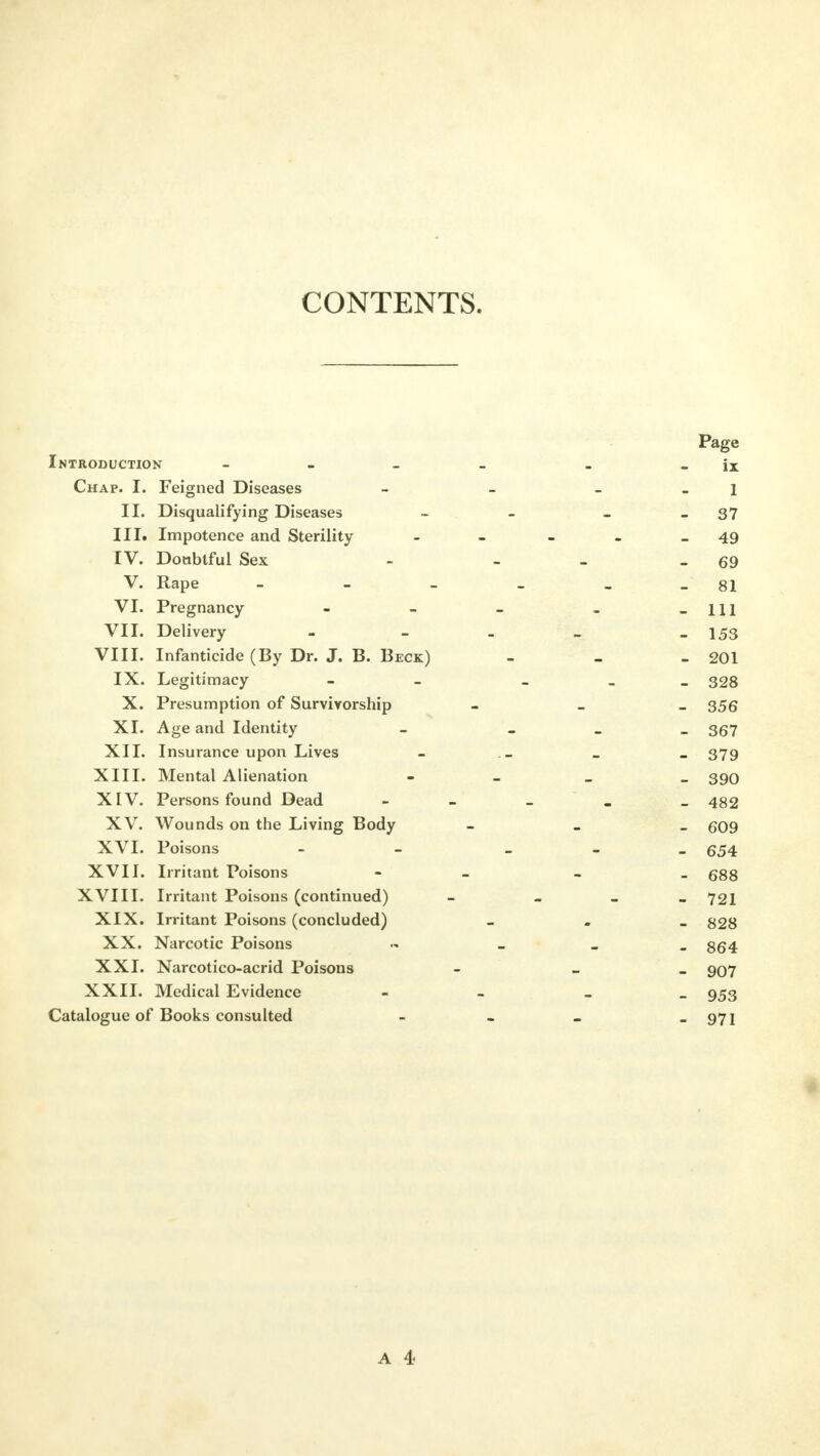 CONTENTS. Page Introduction - . - ix Chap. I. Feigned Diseases - - l II. Disqualifying Diseases - - 37 III. Impotence and Sterility - - - - - 49 EV. Doubtful Sex - - - 69 V. Rape - - _ _ 81 VI. Pregnancy - - _ _ -111 VII. Delivery - - - _ - 153 VIII. Infanticide (By Dr. J. B. Beck) - - - 201 IX. Legitimacy - _ 328 X. Presumption of Survivorship - 356 XI. Age and Identity - _ 367 XII. Insurance upon Lives - . - _ _ 379 XIII. Mental Alienation - _ 390 XIV. Persons found Dead ----- 482 XV. Wounds on the Living Body - 609 XVI. Poisons - - _ 654 XVII. Irritant Poisons - - 688 XVIII. Irritant Poisons (continued) - _ 721 XIX. Irritant Poisons (concluded) _ 828 XX. Narcotic Poisons _ 864 XXI. Narcotico-acrid Poisons - _ 907 XXII. Medical Evidence - _ 953 Catalogue of Books consulted - - _ - 971