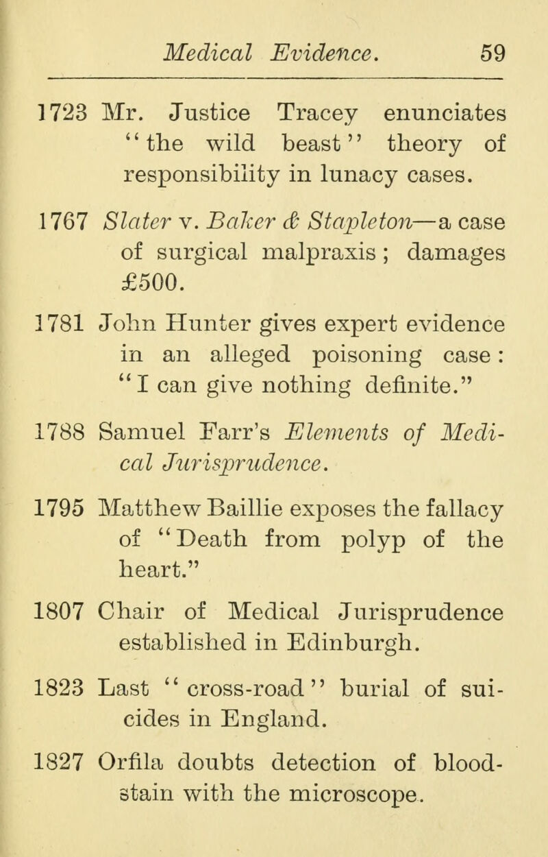 1723 Mr. Justice Tracey enunciates the wild beast theory of responsibility in lunacy cases. 1767 Slater v. Baker & Stapleton—a case of surgical malpraxis; damages £500. 1781 John Hunter gives expert evidence in an alleged poisoning case: I can give nothing definite. 1788 Samuel Farr's Elements of Medi- cal Jurisprudence. 1795 Matthew Baillie exposes the fallacy of  Death from polyp of the heart. 1807 Chair of Medical Jurisprudence established in Edinburgh. 1823 Last cross-road burial of sui- cides in England. 1827 Orfila doubts detection of blood- stain with the microscope.
