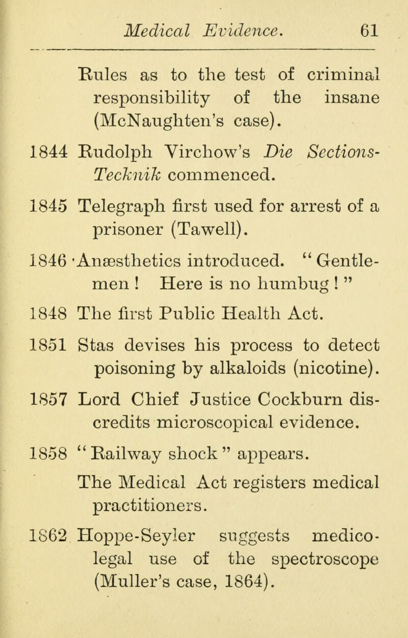 Rules as to the test of criminal responsibility of the insane (McNaughten's case). 1844 Rudolph Virchow's Die Sections- Tecknik commenced. 1845 Telegraph first used for arrest of a prisoner (Tawell). 1846 'Anaesthetics introduced.  Gentle- men ! Here is no humbug !  1848 The first Public Health Act. 1851 Stas devises his process to detect poisoning by alkaloids (nicotine). 1857 Lord Chief Justice Cockburn dis- credits microscopical evidence. 1858  Railway shock appears. The Medical Act registers medical practitioners. 1862 Hoppe-Seyler suggests medico- legal use of the spectroscope (Muller's case, 1864).