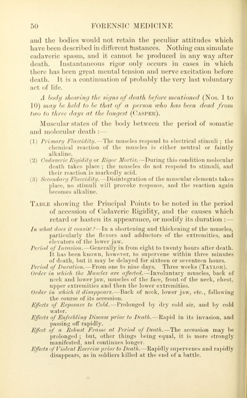 and the bodies would not retain the peculiar attitudes which have l)een described in different instances. Nothing can simulate cadaveric spasm, and it cannot be produced in any way after death. Instantaneous rigor only occurs in cases in which there has been great mental tension and nerve excitation before death. If is a continuation of probably the very last voluntary acl of life. A body showing the signs of death before mentioned (Nos. 1 to 10) may be held to be that of a person who has been dead from two to three days at tin longest (Casper). Muscular states of the body between the period of somatic and molecular death : (1) Primary Flaccidity.- The muscles respond to electrical stimuli ; the chemical reaction of the muscles is cither neutral or faintly alkaline. (2) Cadaveric Rigidity or Rigor Mortis.—During this condition molecular death takes place ; the muscles do not respond to stimuli, and their reaction is markedly acid. (3) Secondary Flaccidity.—Disintegration of the muscular elements takes place, no stimuli will provoke res] sc. and the reaction again becomes alkaline. Table showing the Principal Points to be noted in the period of accession of Cadaveric Rigidity, and the causes which retard or hasten its appearance, or modify its duration :— In what docs it consist?—In a shortening and thickening of the muscles, particularly the flexors and adductors of the extremities, and elevators of the lower jaw. Period of Invasion.—Generally in from eight to twenty hours after death. It has been known, however, to supervene within three minutes of death, but it may be delayed for sixteen or seventeen hours. Period of Duration.—From one to nine days. Three weeks (Taylor). Order in which the Muscles are affected.—Involuntary muscles, back of neck and lower jaw, muscles of the face, front of the neck, chest. upper extremities and then the lower extremities. Order in which it disappears.—Back of neck, lower jaw, etc., following the course of its accession. Effects of Exposure to Cohl.—Prolonged by dry cold air, and by cold water. Effects of Enfeebling Disease prior to Death.—Rapid in its invasion, and passing off rapidly. Effect of a Robust Frame at Period of Death.—The accession may be prolonged ; but, other things being equal, it is more strongly manifested, and continues longer. Effects of Violent Exercise prior to Death.—Rapidly supervenes and rapidly disappears, as in soldiers killed at the end of a battle.