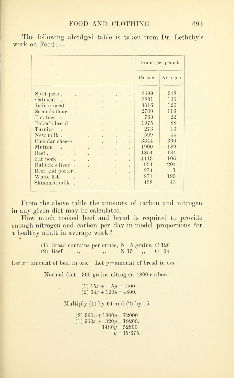 The following abridged table is taken from Dr. Letheby's work on Food :— Grains per pound. Carbon. Nitrogen. Split peas ...... 2699 248 Oatmeal ...... 2831 136 Indian meal ..... 3016 120 Seconds flour ..... 2700 116 Potatoes . . . . , 760 22 Baker's bread ..... 1975 88 Turnips ....... 273 13 New milk ...... 599 44 Cheddar cheese ..... 3344 306 Mutton ...... 1900 189 Beef 1854 184 Fat pork Bullock's liver ..... 4113 106 934 204 Beer and porter ..... 274 1 White fish 871 195 Skimmed milk ..... 438 43 From the above table the amounts of carbon and nitrogen in any given diet may be calculated. How much cooked beef and bread is required to provide enough nitrogen and carbon per day in model proportions for a healthy adult in average work ? (1) Bread contains per ounce, N 5 grains, C 120 (2) Beef „ ,, N 15 ,, C 64 Let x — amount of beef in ozs. Let y = amount of bread in ozs. Normal diet—300 grains nitrogen, 4800 carbon. (T)15x+ 5y = 300 (2) 64#+120?/= 4800. Multiply (1) by 64 and (2) by 15. (2) 9603 + 1800?/= 72000 (1) 960a: + 320?/= 19200. 1480?/= 52800 y = 35 -675.