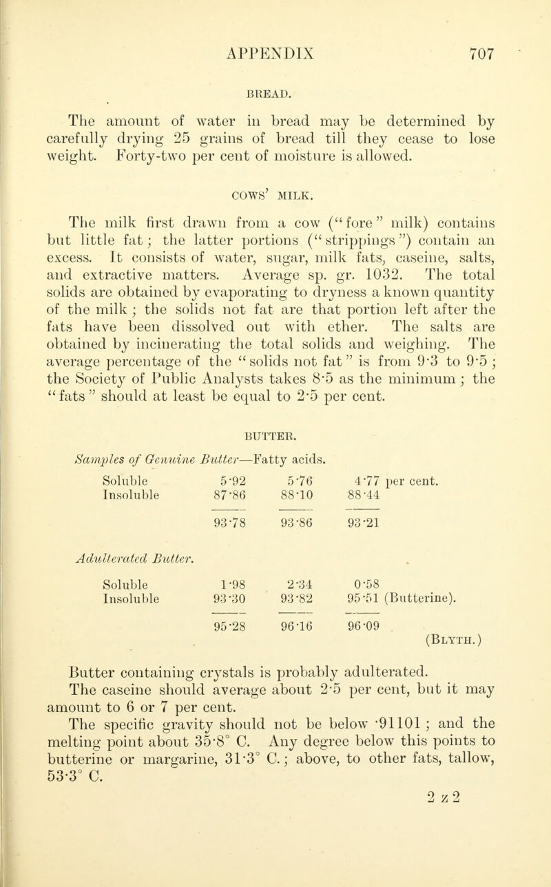 BREAD. The amount of water in bread may be determined by carefully drying 25 grains of bread till they cease to lose weight. Forty-two per cent of moisture is allowed. cows' MILK. The milk first drawn from a cow (fore milk) contains but little fat; the latter portions ( strippings ) contain an excess. It consists of water, sugar, milk fats, caseine, salts, and extractive matters. Average sp. gr. 1032. The total solids are obtained by evaporating to dryness a known quantity of the milk ; the solids not fat are that portion left after the fats have been dissolved out with ether. The salts are obtained by incinerating the total solids and weighing. The average percentage of the solids not fat is from 9'3 to 9*5; the Society of Public Analysts takes 8*5 as the minimum; the fats should at least be equal to 2*5 per cent. BUTTER. Sanqjles of Genuine Butter—Fatty acids. Soluble 5'92 5 76 477 per cent. Insoluble 87-86 88*10 88 44 9378 93-86 93*21 Adulterated Butter. Soluble 1-98 2-34 0-58 Insoluble 93*30 93*82 95-51 (Butterine). 95-28 96-16 96*09 (Blyth. ) Butter containing crystals is probably adulterated. The caseine should average about 2*5 per cent, but it may amount to 6 or 7 per cent. The specific gravity should not be below 91101 ; and the melting point about 35*8° C. Any degree below this points to butterine or margarine, 31*3° C.; above, to other fats, tallow, 53*3° C. 2 z2