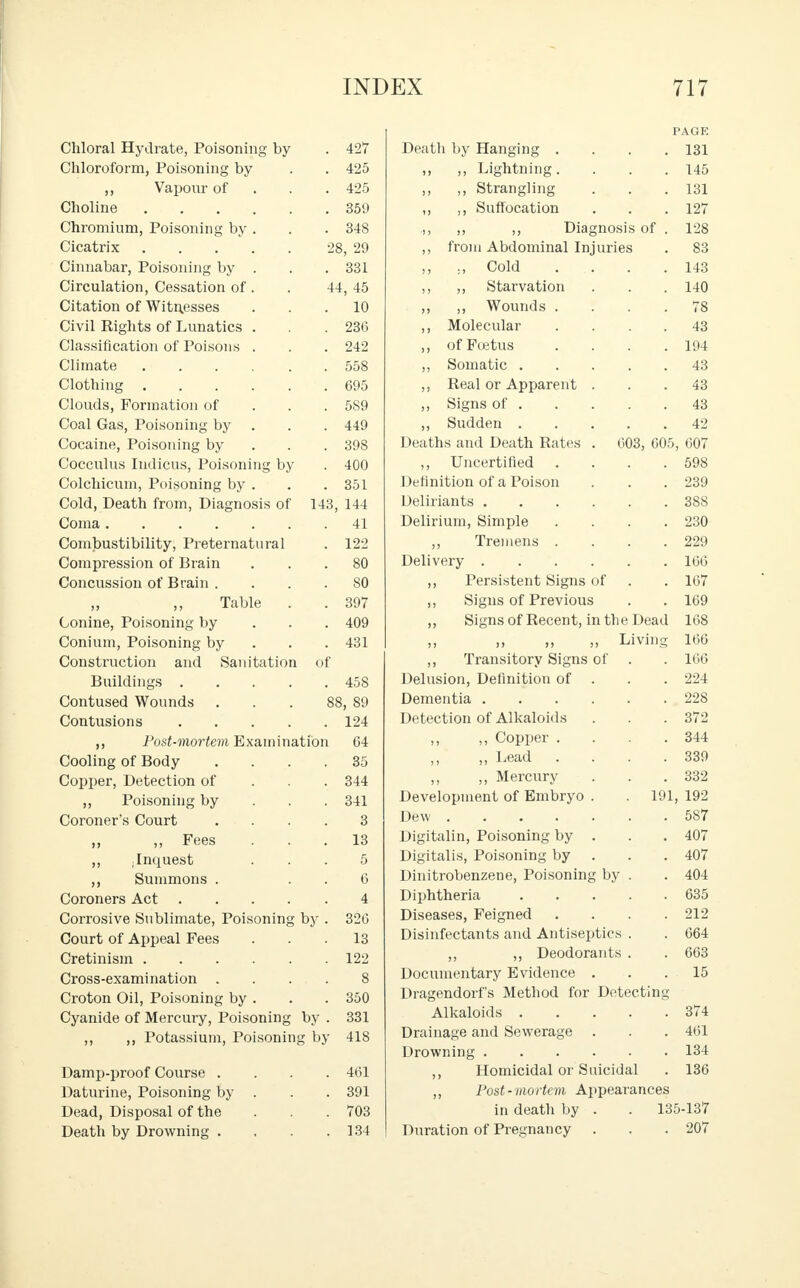 Chloral Hydrate, Poisoning by . 427 Chloroform, Poisoning by . . 425 ,, Vapour of 425 Choline 359 Chromium, Poisoning by . . . 348 Cicatrix 28, 29 Cinnabar, Poisoning by . . . 331 Circulation, Cessation of . . 44, 45 Citation of Witnesses ... 10 Civil Rights of Lunatics . . 23(3 Classification of Poisons . . . 242 Climate 558 Clothing 695 Clouds, Formation of 589 Coal Gas, Poisoning by . 449 Cocaine, Poisoning by 39S Cocculus Indicus, Poisoning by . 400 Colchicum, Poisoning by . . .351 Cold, Death from, Diagnosis of 143, 144 Coma 41 Combustibility, Preternatural . 122 Compression of Brain ... 80 Concussion of Brain .... 80 „ „ Table . . 397 Conine, Poisoning by . . . 409 Conium, Poisoning by 431 Construction and Sanitation of Buildings 458 Contused Wounds ... 88, 89 Contusions 124 ,, Post-mortem Examination 64 Cooling of Body .... 35 Copper, Detection of 344 „ Poisoning by 341 Coroner's Court .... 3 „ „ Fees ... 13 „ .Inquest ... 5 Summons . 6 Coroners Act 4 Corrosive Sublimate, Poisoning by . 326 Court of Appeal Fees ... 13 Cretinism 122 Cross-examination .... 8 Croton Oil, Poisoning by . . . 350 Cyanide of Mercury, Poisoning by . 331 ,, ,, Potassium, Poisoning by 418 Damp-proof Course .... 461 Daturine, Poisoning by . . . 391 Dead, Disposal of the 703 Death by Drowning . . .134 PAGE Death by Hanging . . . .131 ,, ,, Lightning. . . .145 ,, ,, Strangling . . .131 ,, Suffocation . . .127 ,, ,, ,, Diagnosis of . 128 ,, from Abdominal Injuries . 83 „ Cold . . . .143 ,, ,, Starvation . . . 140 ,, ,, Wounds .... 78 ,, Molecular . . 43 ,, of Foetus . . . .194 ,, Somatic 43 ,, Real or Apparent ... 43 „ Signs of 43 ,, Sudden 42 Deaths and Death Rates . 603, 605, 607 ,, Uncertified . . . .598 Definition of a Poison . . . 239 Deliriants 388 Delirium, Simple .... 230 ,, Tremens . . . .229 Delivery 166 ,, Persistent Signs of . . 167 ,, Signs of Previous . . 169 ,, Signsof Recent, in the Dead 168 ,, ,, ,, ,, Living 166 ,, Transitory Signs of . . 166 Delusion, Definition of . 224 Dementia 228 Detection of Alkaloids . . .372 ,, ,, Copper .... 344 „ Lead . . . .339 „ Mercury . . .332 Development of Embryo . . 191, 192 Dew 587 Digitalin, Poisoning by . 407 Digitalis, Poisoning by . 407 Dinitrobenzene, Poisoning by . . 404 Diphtheria 635 Diseases, Feigned .... 212 Disinfectants and Antiseptics . . 664 „ ,, Deodorants . . 663 Documentary Evidence ... 15 Dragendorfs Method for Detecting- Alkaloids 374 Drainage and Sewerage . . .461 Drowning 134 ,, Homicidal or Suicidal . 136 ,, Post-mortem Appearances in death by . . 135-137 Duration of Pregnancy . . .207