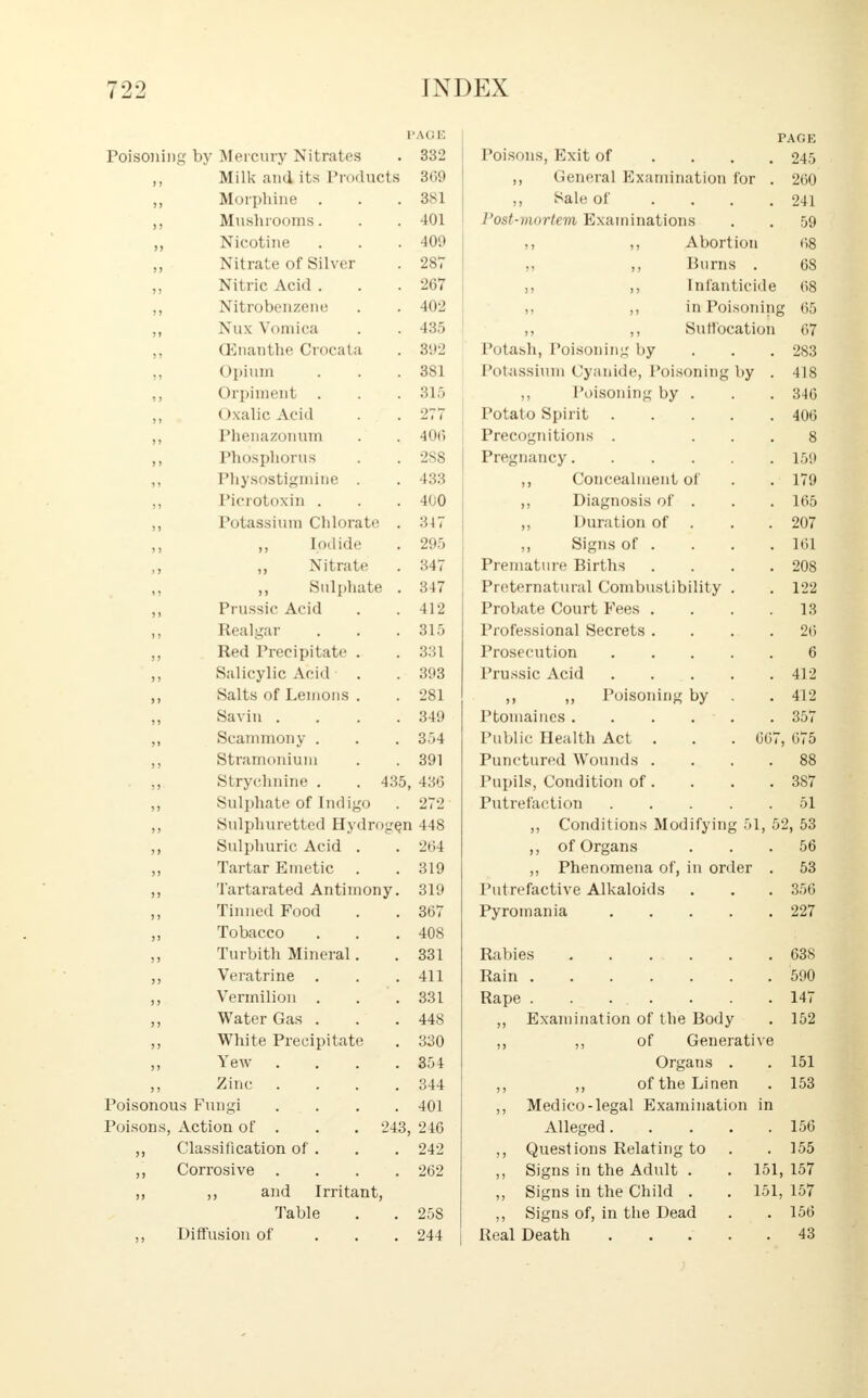 PAGE Poisoning by Mercury Nitrates . 332 „ Milk and its Products 369 ,, Morphine . . .381 ,, Mushrooms. . . 401 ,, Nicotine . . . 409 Nitrate of Silver . 287 ,, Nitric Acid . . . 267 ,, Nitrobenzene . . 402 ,, Nux Vomica . . 435 (Enanthe Crocata . 392 Opium . . . 381 ,, Orpiment . . . 315 ,, Oxalic Acid . . 277 ,, Phenazonum . . 406 Phosphorus . . 288 Physostigmine . . 433 ,, Picrotoxin . . . 400 ,, Potassium Chlorate . 347 ,, Iodide . 295 Nitrate . 347 ,, ,, Sulphate . 347 ,, Prussic Acid . .412 Realgar . . .315 ,, Red Precipitate . . 331 „ Salicylic Acid . . 393 ,, Salts of Lemons . . 281 ,, Savin . . . .349 ,, Scammony . . . 354 ,, Stramonium . . 391 Strychnine . . 435, 436 ,, Sulphate of Indigo . 272 ,, Sulphuretted Hydrogen 448 ,, Sulphuric Acid . . 264 ,, Tartar Emetic . .319 ,, Tartarated Antimony. 319 ,, Tinned Food . . 367 ,, Tobacco . . .408 ,, Turbith Mineral. . 331 ,, Veratrine . . .411 ,, Vermilion . . .331 „ Water Gas . . .448 ,, White Precipitate . 330 ,, Yew . . . . 354 ,, Zinc . . . .344 Poisonous Fungi . . . .401 Poisons, Action of . . . 243, 246 ,, Classification of . . . 242 ,, Corrosive .... 262 ,, ,, and Irritant, Table . . 25S ,, Diffusion of 244 j Poisons, Exit of ,, General Examination for ,, Sale of Post-mortem Examinations ,, Abortion ,, Burns . „ ,, Infanticide ,, ,, in Poisoning ,, ,, Su (location PAGE 245 241 59 68 68 68 65 67 283 418 346 Potash, Poisoning by Potassium Cyanide, Poisoning by ,, Poisoning by . Potato Spirit 406 Precognitions . ... 8 Pregnancy ,, Concealment of ,, Diagnosis of . ,, Duration of . ,, Signs of . Premature Births Preternatural Combustibility . Probate Court Fees . Professional Secrets . Prosecution 6 Prussic Acid . . . .412 ii ,, Poisoning by Ptomaines .... Public Health Act . Punctured Wounds . Pupils, Condition of. Putrefaction ,, Conditions Modifyi ,, of Organs 667 412 357 675 ,, Phenomena of, in order Putrefactive Alkaloids Pyromania .... . 387 . 51 .1, 52, 53 . 56 53 356 227 638 590 147 152 151 153 Rabies . . ... Rain Rape . .... „ Examination of the Body ,, ,, of Generative Organs . ,, ,, of the Linen ,, Medico-legal Examination in Alleged 156 ,, Questions Relating to . . 155 ,, Signs in the Adult . . 151, 157 „ Signs in the Child . . 151, 157 ,, Signs of, in the Dead . . 156 Real Death 43