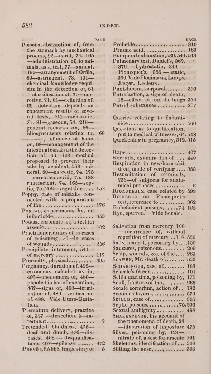 PAGE PAGE Poisons, abstraction of, from Prolteidesss sys iieie sis'a'e wees BLO the stomach by mechanical Prussic acid....... OP en) process, 92—acrid, 74. 165 —adimifistration of, to ani- mals,.as a test, 77—animal, 197—-arrangemeunt of Orfila, 69—astringent, 73. 131— chemical knowledge requi- site in the detection of, 81 - —classification of, 70—cor- rosive, 71. 81—definition of, . _ « 66—-detection depends on concurrent results of seve-— ral tests, 104—escharotic, 71. 8l—gaseous, 54. 218— general remarks on, 66— idiosyncrasies relating to, 68 ——-—_——, influence of habit on, 68—management of the intestinal canal in the detec- tion of, 99. 103—method preposed to prevent their sale by accident, 558—mi- neral, 80—nareotic, 74. 173 —narcotico-acrid, 75. 188 rubefacient, 74, 165—sep- tic, 75. 206—vegetable.... Poppy, case of mistake con- nected with a sid jae of hes. Sissel .. 176 PoRTAL, experiments by, ‘on infanticide aa pe: Potass, chromate of, a test for arsenic. . 102 Practitioner, duties of, in cases of poisoning, 76—in cases of Wounds cecees. es. ; Precipitate interment, 541— Of -Mereury oi sees cc eeuies E17 Precocity, physical.......... 495 Presa Goy duration of, 492— erroneous calculations im, 493—phenomena of, 480— pleaded in bar of execution, 467—signs of, 483—termi- nation of, 489—verification of, 488. Vide Utero-Gesta- tion. Premature delivery, practice of, 327 :—dissection, 5—in- termeut.. 23 Fi awtots 4 Pretended blindness,” 475— deaf and dumb, 476—dis- eases, 468 — disqualifica- tions, 467—epilepsy ..4<.. Prevért, Abbé, tragicstoryof 5 152 oe eee eoxa eevee 256 Puerperal exhaustion, 539. 541.543 Pulmonary test, Daniel’s, 362. 376 — hydrostatic, 344 — Ploucquet’s, 356 — static, 360. Vide Docimasia, Lungs. Jeger. Lecieux. Punishment, corporal........ 399 Putrefaction, a sign of death, 12—effect of, on the lungs 350 Putrid substances ........0¢2 207 Queries relating to Infanti- Cle Lawanns os PR. PA Questions as to qualification, put to medical witnesses, 64, 548 Quickening in pregnancy, 312. 315 Rape ero ceeecootoece er ceoe ee 407 Recruits, examination of ... 440 Respiration in new-born chil- dren, mode of verifying .... 353 Resuscitation of criminals, 236—of subjects for anato- mical purposes........25. 6 RIGAUDEAUX, case related by 593 Ploucquet’s test, reference to ......22+. 362 Rubefacient poisons......74. 165 Rye, spurred. Vide Secale. Salivation from mercury, 108 —recurrence of, without repetition of mercury ..118. 556 Salts, neutral, poisoning by.. ..150 Sausages, poisonous......... 209 Scalp, wounds, &amp;c. of the.... ScaweEn, Mr. death of....... SCHARINGER, Case€ Of... ..20-- Scheele’s Green...........-+ 101 Scilla maritima, poisoning by, 171 Scull, fracture of the........ 266 Secale cornutum, action of,. 192 Sectio cadaveris......ee0e08- 270 SEILLIS, Case Of.,..eeceeees- 30D Septic Poisons... oes. eae 0e70-206 Sexual ambiguity .......... 498 SHAKESPEARE, his account of the phenomena of death, 28 — illustration of imposture 475 Silver, poisoning by, 124— nitrate of, a test for arsenic 101 Shitting the nNOS. .ceereceere BOB