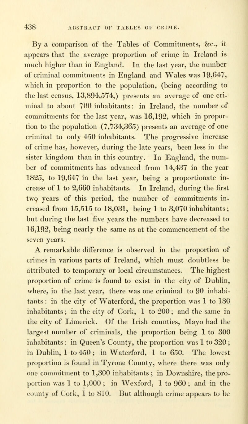 By a comparison of the Tables of Commitments, &c, it appears that the average proportion of crime in Ireland is much higher than in England. In the last year, the number of criminal commitments in England and Wales was 19,647, which in proportion to the population, (being according to the last census, 13,894,574,) presents an average of one cri- minal to about 700 inhabitants: in Ireland, the number of commitments for the last year, was 16,192, which in propor- tion to the population (7,734,365) presents an average of one criminal to only 450 inhabitants. The progressive increase of crime has, however, during the late years, been less in the sister kingdom than in this country. In England, the num- ber of commitments has advanced from 14,437 in the year 1825, to 19,647 in the last year, being a proportionate in- crease of 1 to 2,660 inhabitants. In Ireland, during the first two years of this period, the number of commitments in- creased from 15,515 to 18,031, being 1 to 3,070 inhabitants; but during the last five years the numbers have decreased to 16,192, being nearly the same as at the commencement of the seven years. A remarkable difference is observed in the proportion of crimes in various parts of Ireland, which must doubtless be attributed to temporary or local circumstances. The highest proportion of crime is found to exist in the city of Dublin, where, in the last year, there was one criminal to 90 inhabi- tants : in the city of Waterford, the proportion was 1 to 180 inhabitants; in the city of Cork, 1 to 200; and the same in the city of Limerick. Of the Irish counties, Mayo had the largest number of criminals, the proportion being 1 to 300 inhabitants: in Queen's County, the proportion was 1 to320; in Dublin, 1 to 450 ; in Waterford, 1 to 650. The lowest proportion is found in Tyrone County, where there was only one commitment to 1,300 inhabitants; in Downshire, the pro- portion was 1 to 1,000 ; in Wexford, 1 to 960 ; and in the county of Cork, 1 to 810. But although crime appears to be
