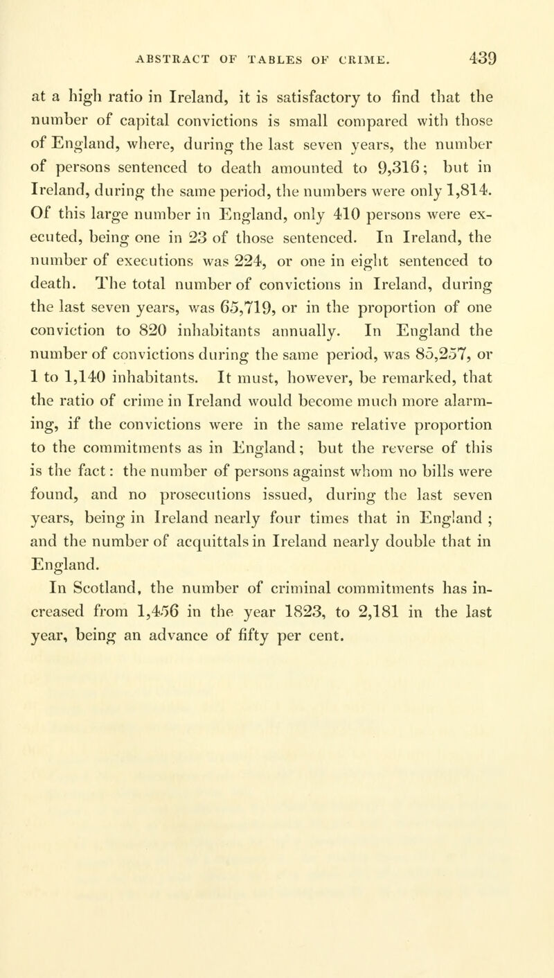 at a high ratio in Ireland, it is satisfactory to find that the number of capital convictions is small compared with those of England, where, during the last seven years, the number of persons sentenced to death amounted to 9,316; but in Ireland, during the same period, the numbers were only 1,814. Of this large number in England, only 410 persons were ex- ecuted, being one in 23 of those sentenced. In Ireland, the number of executions was 224, or one in eight sentenced to death. The total number of convictions in Ireland, during the last seven years, was 65,719, or in the proportion of one conviction to 820 inhabitants annually. In England the number of convictions during the same period, was 85,257, or 1 to 1,140 inhabitants. It must, however, be remarked, that the ratio of crime in Ireland would become much more alarm- ing, if the convictions were in the same relative proportion to the commitments as in England; but the reverse of this is the fact: the number of persons against whom no bills were found, and no prosecutions issued, during the last seven years, being in Ireland nearly four times that in England ; and the number of acquittals in Ireland nearly double that in England. In Scotland, the number of criminal commitments has in- creased from 1,456 in the year 1823, to 2,181 in the last year, being an advance of fifty per cent.