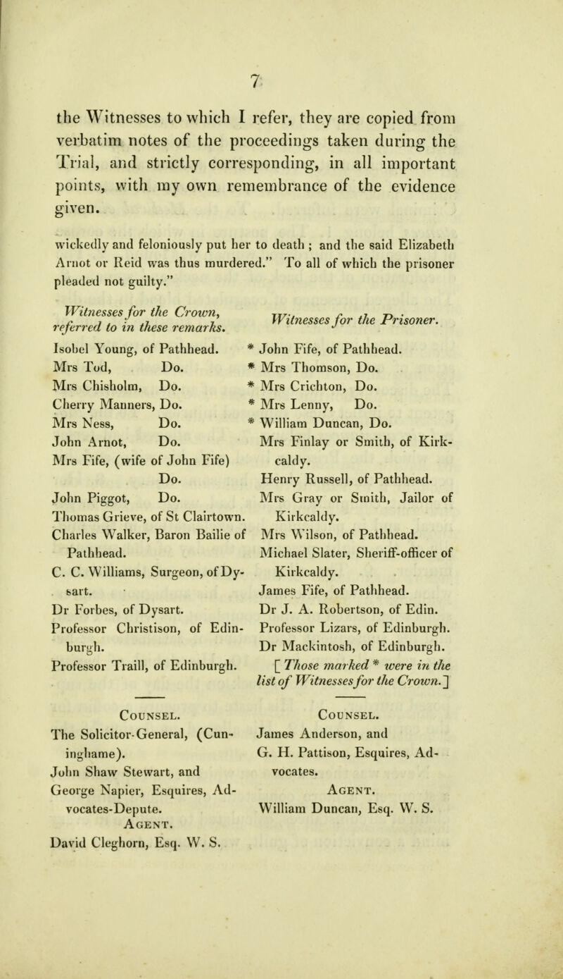 the Witnesses to which I refer, they are copied from verbatim notes of the proceedings taken during the Trial, and strictly corresponding, in all important points, with my own remembrance of the evidence wickedly and feloniously put her to death ; and the said Elizabeth A mot or Reid was thus murdered. To all of which the prisoner pleaded not guilty. Witnesses for the Croivn, referred to in these remarks, Isohel Young, of Pathhead. ' Mrs Tod, Do. i Mrs Chisholm, Do. Cherry Manners, Do. Mrs Ness, Do. John Arnot, Do. Mrs Fife, (wife of John Fife) Do. John Piggot, Do. Thomas Grieve, of St Clairtown. Charles Walker, Baron Bailie of Pathhead. C. C. Williams, Surgeon, of Dy- sart. Dr Forbes, of Dysart. Professor Christison, of Edin- burgh. Professor Traill, of Edinburgh. Counsel. The Solicitor-General, (Cun- inghame). John Shaw Stewart, and George Napier, Esquires, Ad- vocates-Depute. Agent. David Cleghorn, Esq. W. S. Witnesses for the Prisoner. John Fife, of Pathhead. ; Mrs Thomson, Do. Mrs Crichton, Do. : Mrs Lenny, Do. William Duncan, Do. Mrs Finlay or Smith, of Kirk- caldy. Henry Russell, of Pathhead. Mrs Gray or Smith, Jailor of Kirkcaldy. Mrs Wilson, of Pathhead. Michael Slater, Sheriff-officer of Kirkcaldy. James Fife, of Pathhead. Dr J. A. Robertson, of Edin. Professor Lizars, of Edinburgh. Dr Mackintosh, of Edinburgh. [ Those marked * were in the list of Witnessesfor the Crown.~] Counsel. James Anderson, and G. H. Pattison, Esquires, Ad- vocates. Agent. William Duncan, Esq. W. S.