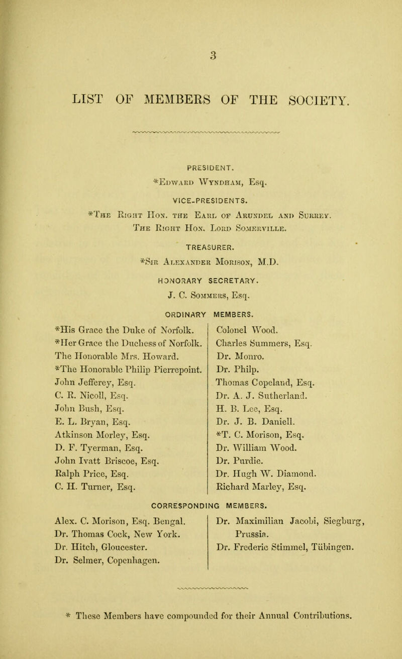 LIST OF MEMBERS OF THE SOCIETY. PRESIDENT. *Edwakd Wyndham, Esq. VICE-PRESIDENTS. *The Eight Hon. the Earl of Arundel and Surrey. The Right Hon, Lord Somerville. TREASURER. Alexander Morison, M.D. HONORARY SECRETARY. J. C. SOMMERS, Esq. ORDINARY *His Grace the Duke of Norfolk. *Her Grace the Duchess of Norfolk. The Honorable Mrs. Howard. *The Honorable Philip Pierrepoint. John Jefferey, Esq. C. R. Nicoll, Esq. John Bush, Esq. E. L. Bryan, Esq. Atkinson Morley, Esq. D. F. Tyerman, Esq. John Ivatt Briscoe, Esq. Ralph Price, Esq. C. H. Turner, Esq. MEMBERS. Colonel Wood. Charles Summers, Esq. Dr. Monro. Dr. Philp. Thomas Copeland, Esq. Dr. A. J. Sutherland. H. B. Lee, Esq. Dr. J. B. Daniell. *T. C. Morison, Esq. Dr. William Wood. Dr. Purdie. Dr. Hugh W. Diamond. Richard Marley, Esq. CORRESPONDING MEMBERS. Alex. C. Morison, Esq. Bengal. Dr. Thomas Cock, New York. Dr. Hitch, Gloucester. Dr. Selmer, Copenhagen. Dr. Maximilian Jacobi, Siegbur; Prussia. Dr. Frederic Stimmel, Tubingen. * These Members have compounded for their Annual Contributions.