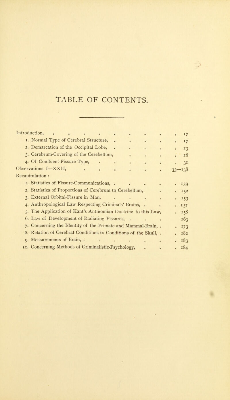 TABLE OF CONTENTS. Introduction, . . . . . . . . .17 1. Normal Type of Cerebral Structure, . . . . 17 2. Demarcation of the Occipital Lobe, . . . . .23 3. Cerebrum-Covering of the Cerebellum, . . . .26 4. Of Confluent-Fissure Type, . . . . . 31 Observations I—XXII, ...... 33—138 Recapitulation: 1. Statistics of Fissure-Communications, . . . . . 139 2. Statistics of Proportions of Cerebrum to Cerebellum, . . 152 3. External Orbital-Fissure in Man, . . . . 153 4. Anthropological Law Respecting Criminals'Brains, . . «157 5. The Application of Kant's Antinomian Doctrine to this Law, . 158 6. Law of Development of Radiating Fissures, . . . 163 7. Concerning the Identity of the Primate and Mammal-Brain, . 173 8. Relation of Cerebral Conditions to Conditions of the Skull, . .182 9. Measurements of Brain, . . . . . . .183 10. Concerning Methods of Criminalistic-Psychology, . . . 184
