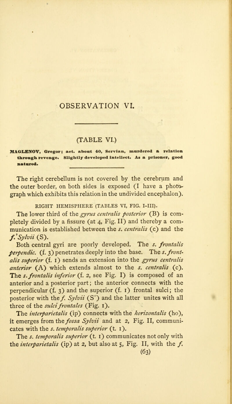 (TABLE VI.) MAGLJENOV, Gregor; aet. about 4:0, Servian, murdered a relation through revenge. Slightly developed intellect. As a prisoner, good natured* The right cerebellum is not covered by the cerebrum and the outer border, on both sides is exposed (I have a photo- graph which exhibits this relation in the undivided encephalon). RIGHT HEMISPHERE (TABLES VI, FIG. I-III). The lower third of the gyrus centralis posterior (B) is com- pletely divided by a fissure (at 4, Fig. II) and thereby a com- munication is established between the s, centralis (c) and the f* Sylvii (S). Both central gyri are poorly developed. The s. frontalis perpendic. (f. 3) penetrates deeply into the base. The s. front- alis superior (f. 1) sends an extension into the gyrus centralis anterior (A) which extends almost to the s. centralis (c). The s. frontalis inferior (f. 2, see Fig. I) is composed of an anterior and a posterior part; the anterior connects with the perpendicular (f. 3) and the superior (f. 1) frontal sulci; the posterior with the/. Sylvii (S) and the latter unites with all three of the sulci frontales (Fig. 1). The interparietalis (ip) connects with the horizontalis (ho), it emerges from the fossa Sylvii and at 2, Fig. II, communi- cates with the s. temporalis superior (t. 1). The s. temporalis superior (t. 1) communicates not only with the interparietalis (ip) at 2, but also at 5, Fig. II, with the /. (63)