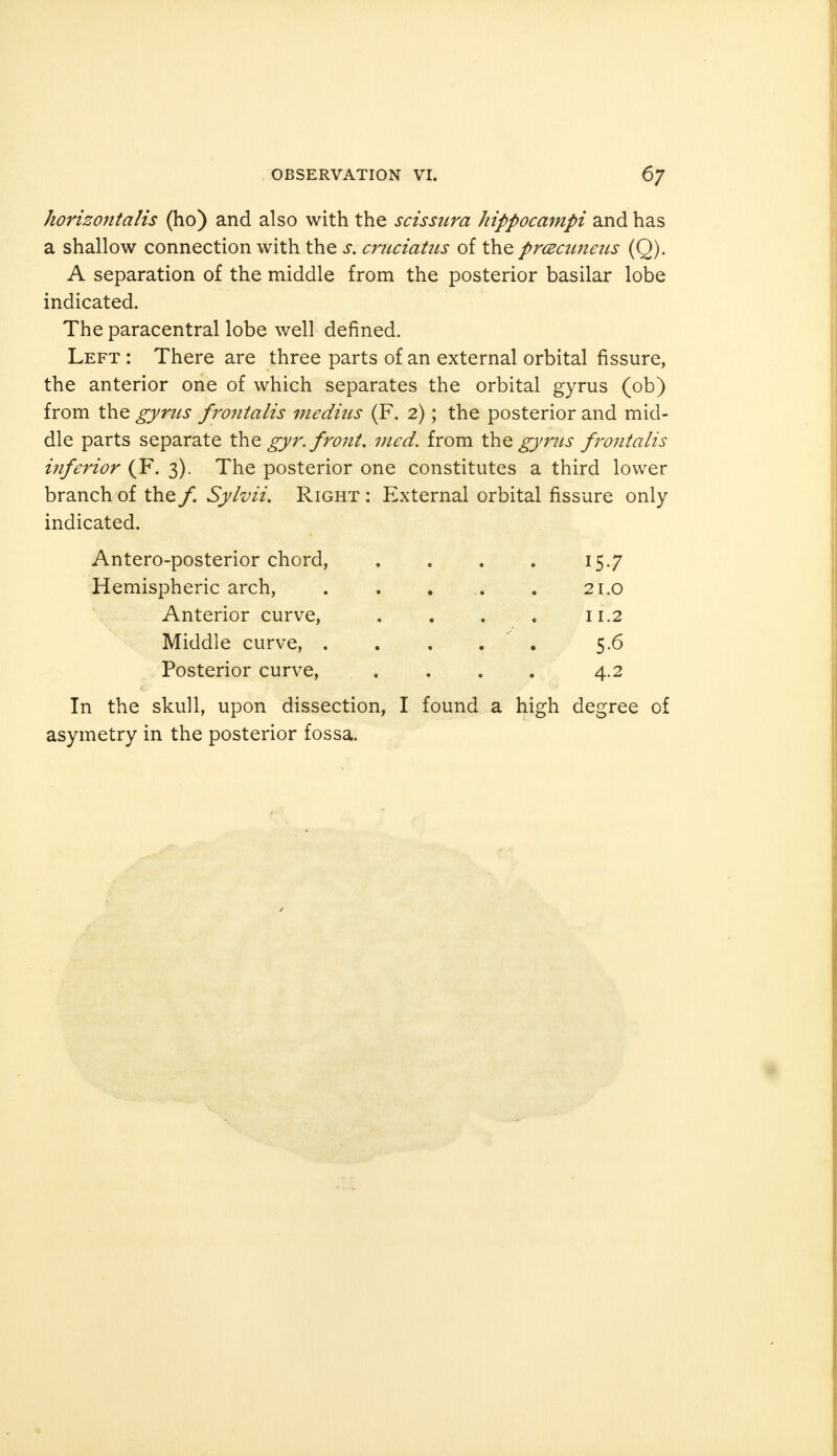 horizontalis (ho) and also with the scissura hippocampi and has a shallow connection with the s. cruciattis of the precuneus (Q). A separation of the middle from the posterior basilar lobe indicated. The paracentral lobe well defined. Left : There are three parts of an external orbital fissure, the anterior one of which separates the orbital gyrus (ob) from the gyrus frontalis medius (F. 2); the posterior and mid- dle parts separate the gyr. front, med. from the gyrus frontalis inferior (F. 3), The posterior one constitutes a third lower branch of the /. Sylvii. Right: External orbital fissure only indicated. Antero-posterior chord, . . . . 15.7 Hemispheric arch, . . . .. . 21.0 Anterior curve, . . . 11.2 Middle curve, . . . . 5.6 Posterior curve, .... 4.2 In the skull, upon dissection, I found a high degree of asymetry in the posterior fossa.