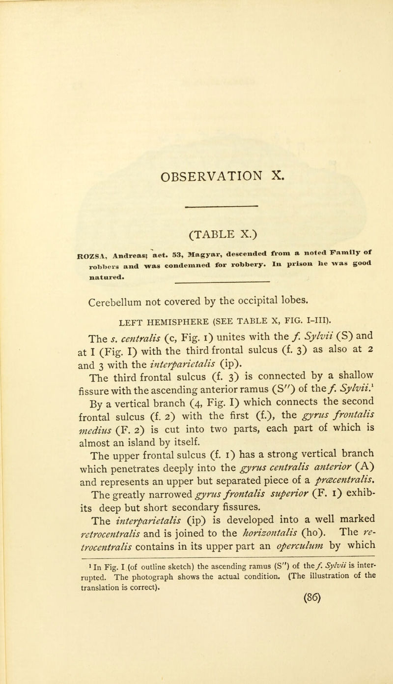 (TABLE X.) ROZSA, Andreas; aet. 53, Magyar, descended from a noted Family of robbers and was condemned for robbery. In prison lie was good natured* Cerebellum not covered by the occipital lobes. LEFT HEMISPHERE (SEE TABLE X, FIG. I-III). The s. centralis (c, Fig. i) unites with the /. Sylvii (S) and at I (Fig. I) with the third frontal sulcus (f. 3) as also at 2 and 3 with the interparietalis (ip). The third frontal sulcus (f. 3) is connected by a shallow fissure with the ascending anterior ramus (S) of the/. Sylvii' By a vertical branch (4, Fig. I) which connects the second frontal sulcus (f. 2) with the first (f.), the gyrus frontalis medius (F. 2) is cut into two parts, each part of which is almost an island by itself. The upper frontal sulcus (f. 1) has a strong vertical branch which penetrates deeply into the gyrus centralis anterior (A) and represents an upper but separated piece of a pr(Bcentralist The greatly narrowed gyrus frontalis superior (F. 1) exhib- its deep but short secondary fissures. The interparietalis (ip) is developed into a well marked retrocentralis and is joined to the horizontalis (ho). The re- trocentralis contains in its upper part an operculum by which 1 In Fig. I (of outline sketch) the ascending ramus (S) of the/. Sylvii is inter- rupted. The photograph shows the actual condition. (The illustration of the translation is correct).