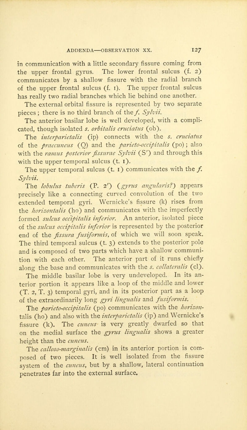 in communication with a little secondary fissure coming from the upper frontal gyrus. The lower frontal sulcus (f. 2) communicates by a shallow fissure with the radial branch of the upper frontal sulcus (f. 1). The upper frontal sulcus has really two radial branches which lie behind one another. The external orbital fissure is represented by two separate pieces ; there is no third branch of the/. Sylvii. The anterior basilar lobe is well developed, with a compli- cated, though isolated s. orbitalis criiciatus (ob). The interparietalis (ip) connects with the s. criiciatus of the praecuneus (Q) and the parieto-occipitalis (po); also with the ramus posterior fissurae Sylvii (S') and through this with the upper temporal sulcus (t. 1). The upper temporal sulcus (t. 1) communicates with the /. Sylvii. The lobulus tuberis (P. 2') {gyrus angularis?) appears precisely like a connecting curved convolution of the two extended temporal gyri. Wernicke's fissure (k) rises from the horizontalis (ho) and communicates with the imperfectly formed sulcus occipitalis inferior. An anterior, isolated piece of the sulcus occipitalis inferior is represented by the posterior end of the fissura fusiformis, of which we will soon speak. The third temporal sulcus (t. 3) extends to the posterior pole and is composed of two parts which have a shallow communi- tion with each other. The anterior part of it runs chiefly along the base and communicates with the s. collateralis (cl). The middle basilar lobe is very undeveloped. In its an- terior portion it appears like a loop of the middle and lower (T. 2, T. 3) temporal gyri, and in its posterior part as a loop of the extraordinarily long gyri lingualis and pisiformis. The parieto-occipitalis (po) communicates with the horizon- talis (ho) and also with the interparietalis (ip) and Wernicke's fissure (k). The aniens is very greatly dwarfed so that on the medial surface the gyrus lingualis shows a greater height than the cuneus. The calloso-marginalis (cm) in its anterior portion is com- posed of two pieces. It is well isolated from the fissure system of the cuneus, but by a shallow, lateral continuation penetrates far into the external surface.
