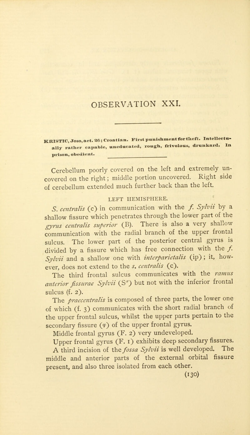 KRISTIC, Joso,aet. 26; Croatian. First punishment fortlieft. Intellectu- ally rather capable, uneducated, rough, frivolous, drunkard. In prison, obedient. Cerebellum poorly covered on the left and extremely un- covered on the right; middle portion uncovered. Right side of cerebellum extended much further back than the left. LEFT HEMISPHERE. 5. centralis (c) in communication with the /. Sylvii by a shallow fissure which penetrates through the lower part of the gyrus centralis superior (B). There is also a very shallow communication with the radial branch of the upper frontal sulcus. The lower part of the posterior central gyrus is divided by a fissure which has free connection with the /. Sylvii and a shallow one with interparietal (ip) ; it, how- ever, does not extend to the s. centralis (c). The third frontal sulcus communicates with the ramus anterior fissurae Sylvii (S) but not with the inferior frontal sulcus (f. 2). The praecentralis is composed of three parts, the lower one of which (f. 3) communicates with the short radial branch of the upper frontal sulcus, whilst the upper parts pertain to the secondary fissure (» of the upper frontal gyrus. Middle frontal gyrus (F. 2) very undeveloped. Upper frontal gyrus (F. 1) exhibits deep secondary fissures. A third incision of the fossa Sylvii is well developed. The middle and anterior parts of the external orbital fissure present, and also three isolated from each other.