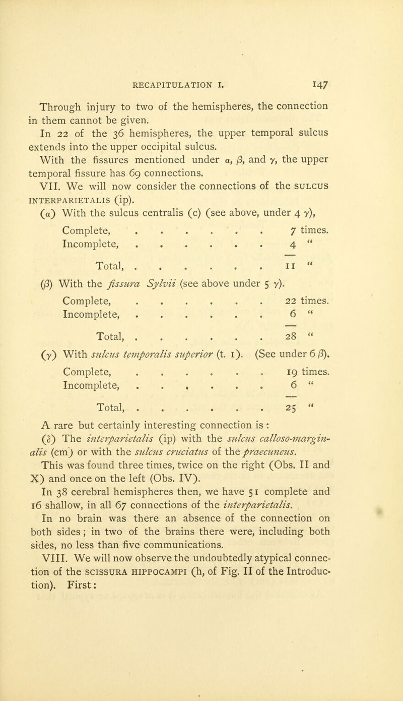 Through injury to two of the hemispheres, the connection in them cannot be given. In 22 of the 36 hemispheres, the upper temporal sulcus extends into the upper occipital sulcus. With the fissures mentioned under a, ß, and y, the upper temporal fissure has 69 connections. VII. We will now consider the connections of the sulcus INTERPARIETALIS (ip). (a) With the sulcus centralis (c) (see above, under 4 y), Complete, ...... 7 times. Incomplete, .... Total, .... (ß) With the fissura Sylvii (see above under Complete, .... Incomplete, .... Total, .... (y) With sulcus temporalis superior (t. 1). (S Complete, .... Incomplete, , Total 11 5 r). 22 times. 6  28  ee under 6 ß). 19 times. 6  25  A rare but certainly interesting connection is : (3) The interparietalis (ip) with the sulcus calloso-margin- alis (cm) or with the sulcus cruciatus of the praecuneus. This was found three times, twice on the right (Obs. II and X) and once on the left (Obs. IV). In 38 cerebral hemispheres then, we have 51 complete and 16 shallow, in all 67 connections of the interparietalis. In no brain was there an absence of the connection on both sides; in two of the brains there were, including both sides, no less than five communications. VIII. We will now observe the undoubtedly atypical connec- tion of the scissura hippocampi (h, of Fig. II of the Introduc- tion). First: