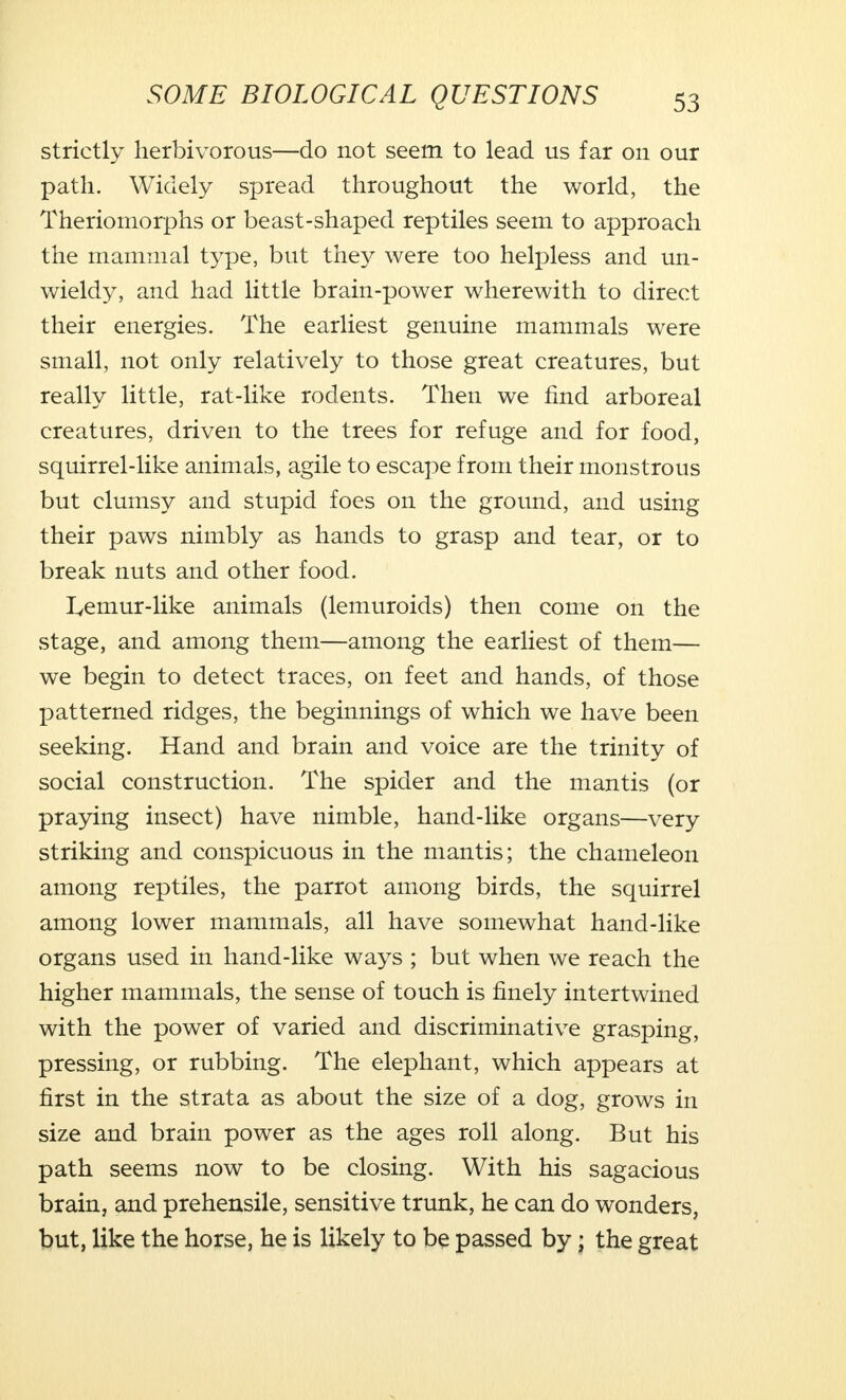strictly herbivorous—do not seem to lead us far on our path. Widely spread throughout the world, the Theriomorphs or beast-shaped reptiles seem to approach the mammal type, but they were too helpless and un- wieldy, and had little brain-power wherewith to direct their energies. The earliest genuine mammals were small, not only relatively to those great creatures, but really little, rat-like rodents. Then we find arboreal creatures, driven to the trees for refuge and for food, squirrel-like animals, agile to escape from their monstrous but clumsy and stupid foes on the ground, and using their paws nimbly as hands to grasp and tear, or to break nuts and other food. Lemur-like animals (lemuroids) then come on the stage, and among them—among the earliest of them— we begin to detect traces, on feet and hands, of those patterned ridges, the beginnings of which we have been seeking. Hand and brain and voice are the trinity of social construction. The spider and the mantis (or praying insect) have nimble, hand-like organs—very striking and conspicuous in the mantis; the chameleon among reptiles, the parrot among birds, the squirrel among lower mammals, all have somewhat hand-like organs used in hand-like ways ; but when we reach the higher mammals, the sense of touch is finely intertwined with the power of varied and discriminative grasping, pressing, or rubbing. The elephant, which appears at first in the strata as about the size of a dog, grows in size and brain power as the ages roll along. But his path seems now to be closing. With his sagacious brain, and prehensile, sensitive trunk, he can do wonders, but, like the horse, he is likely to be passed by; the great