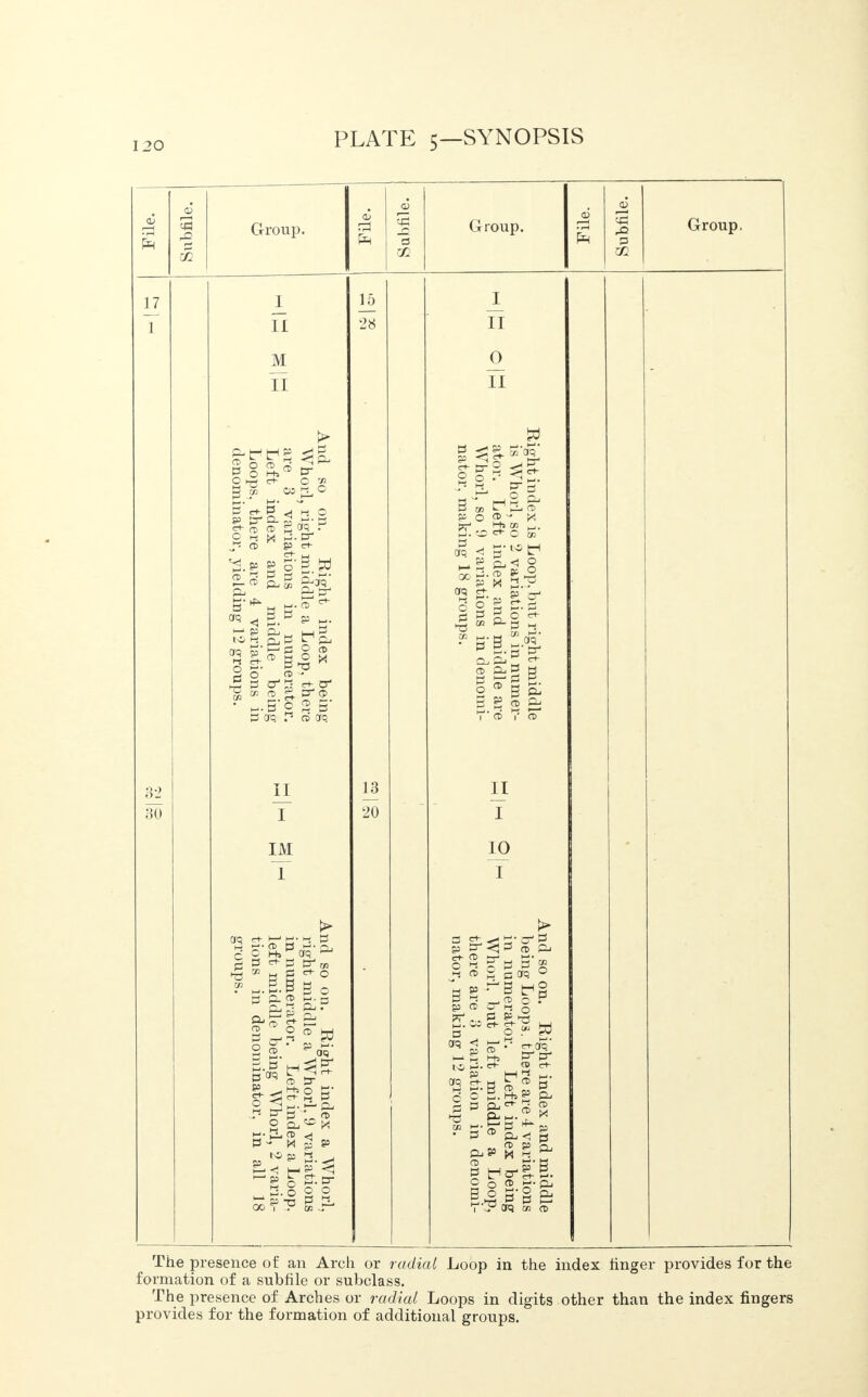 File. Subfile. Group. <u rt Subfile. Group. File. Subfile. Group. 17 I 15 I 1 II M II 28 II 0 11 And so on. Right index being- Whorl, right middle a Loop, there are 3 variations in numerator. Left index and middle being Loops, there are 4 variations in denominator, yielding 12 groups. Right index is Loop, but right middle is Whorl, so 2 variations in numer- ator. Left index and middle are Whorl, so 9 variations in denomi- nator, making 18 groups. 32 II 13 11 30 And so on. Right index a Whorl, right middle a Whorl, 9 variations 1^1 in numerator. Left index a Loop. '1-1 hIh left middle being Whorl, 2 varia- tions in denominator, in all 18 j groups. 20 And so on. Right index and middle being Loops, there are 4 variations q 1 in numerator. Left index being M Whorl, but left middle a Loop, there are 3 variation in denomi- nator, making 12 groups. The presence of an Arch or radial Loop in the index finger provides for the formation of a subfile or subclass. The presence of Arches or radial Loops in digits other than the index fingers