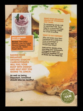 Shake up your wake up... by changing one thing : It's fuel for the brain and gets your metabolism motoring - so raise a toast to the first dish of the day and change one thing to make your morning meal a healthier one.