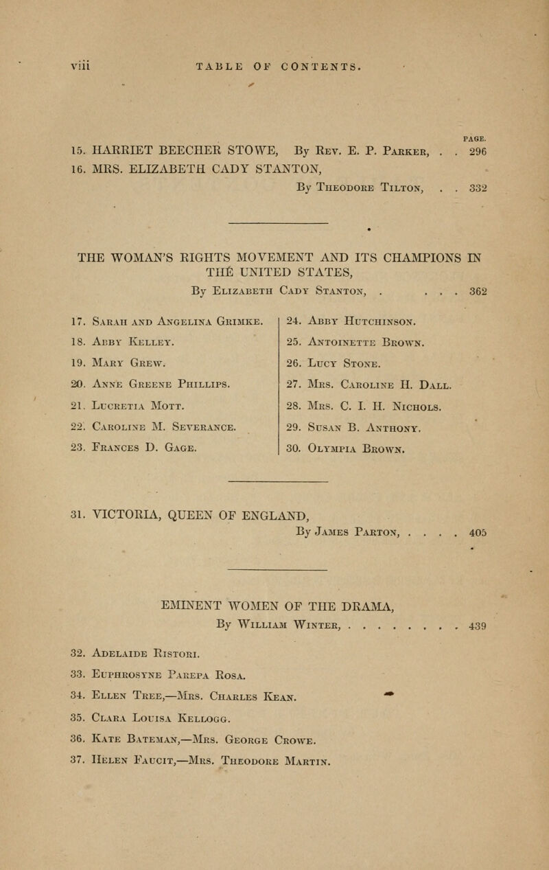15. HAKRIET BEECHER STOWE, By Rev. E. P. Paeker, 16. MRS. ELIZiVBETH CADY STANTON, By Theodore Tilton, PAGE. 296 332 THE WOMAN'S RIGHTS MOVEMENT AND ITS CHAMPIONS EST THE UNITED STATES, By Elizabeth Cadv Stanton, . ... 362 Sarah and Angelina Ghimke. AiiBY Kelley. Mary Grew. Anne Greene Phillips. Llcretia Mott. Caroline M. Severance. Frances D. Gage. 24. Abby Hutchinson. 25. Antoinette Brown. 26. Lucy Stone. 27. Mrs. Caroline H. Dall. 28. Mrs. C. I. H. Nichols. 29. Susan B. Anthony. 30. Oly'mpia Brown. 31. VICTORIA, QUEEN OF ENGLAND, By James Parton, . , , . 405 EMINENT WOMEN OF THE DRAMA, By William Winter, . , , . 439 32. Adelaide Ristori. 33. Euphrosyne Parepa Rosa. 34. Ellen Tree,—Mrs. Charles Ivean. 35. Clara Louisa Kellogg. 36. Kate Bateman,—Mrs. George Crowe. 37. Helen Faucit,—Mrs. Theodore Martin.