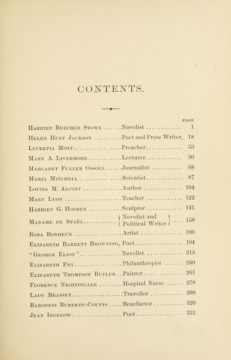 OONTEITTS. PAGE Harriet Beecher Stoave Novelist 1 Helen Hunt Jackson Poet and Prose Writer, 18 LucRETiA MoTT Preacher 33 Mary A. Livermore Lecturer 50 Margaret Fuller Ossoli Journalist G8 Maria Mitchell Scientist 87 Louisa M. Alcott Author 104 Mary Lyon Teacher 122 Harriet G. Hosmer Sculptor 141 ( Novelist and \ ^ _q Madame de Staisl ^ Political AVriter i ' * ' ^^^ Rosa Bonheur Artist 180 Elizabeth Barrett Browning, Poet 194 George Eliot Novelist 213 Elizabeth Fry Philanthropist 240 Elizabeth Tho3ipson Butler . .Painter 261 Florence Nightingale Hospital Nurse 278 Lady Brassey Traveller 300 Baroness Burdett-Coutts Benefactor 320 Jean Ingelow Poet 331