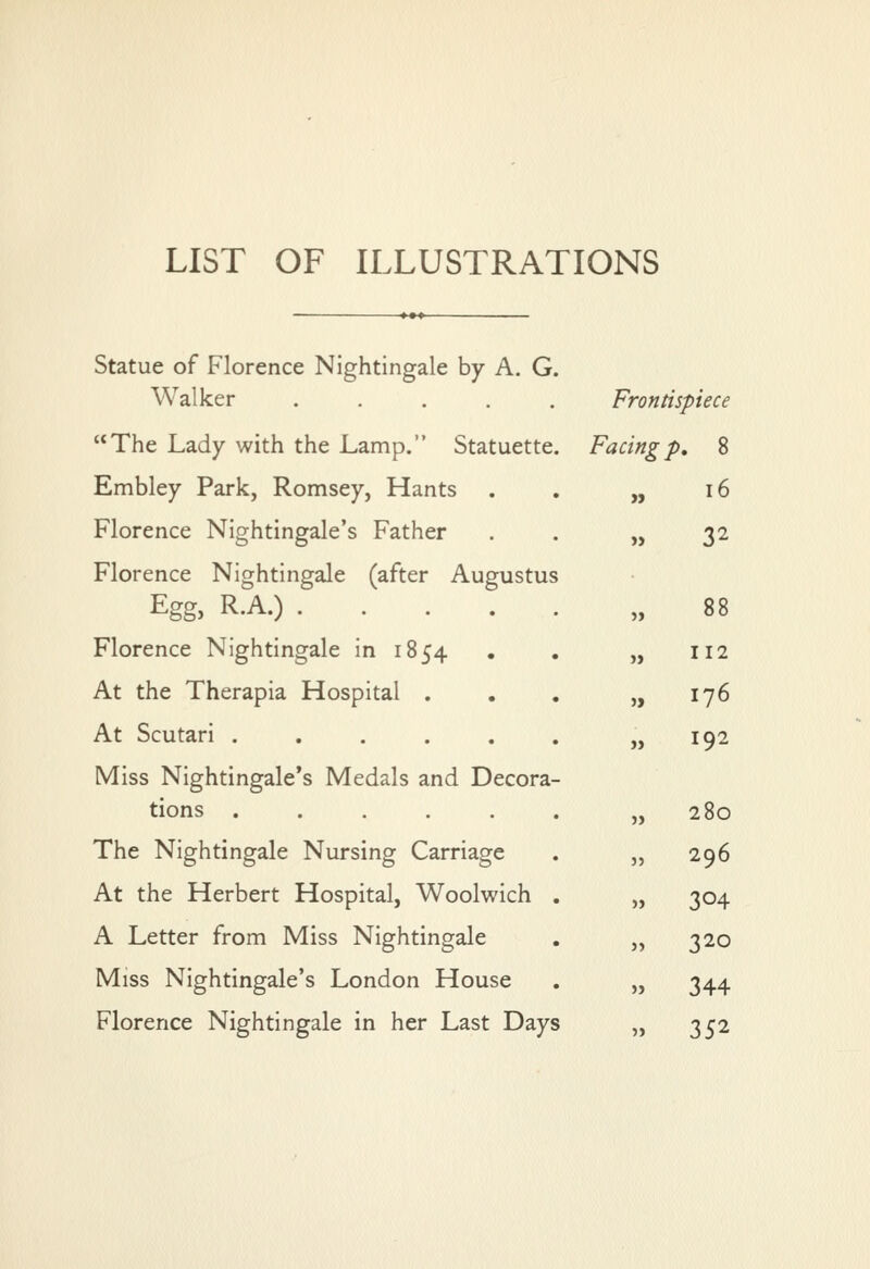 LIST OF ILLUSTRATIONS Statue of Florence Nightingale by A. G Walker .... The Lady with the Lamp. Statuette Embley Park, Romsey, Hants Florence Nightingale's Father Florence Nightingale (after Augustus Egg, R.A.) .... Florence Nightingale in 1854 At the Therapia Hospital . At Scutari ..... Miss Nightingale's Medals and Decora tions ..... The Nightingale Nursing Carriage At the Herbert Hospital, Woolwich A Letter from Miss Nightingale Miss Nightingale's London House Florence Nightingale in her Last Days Frontispiece Fac, ngp. 8 16 32 112 176 192 280 296 304 320 344 352