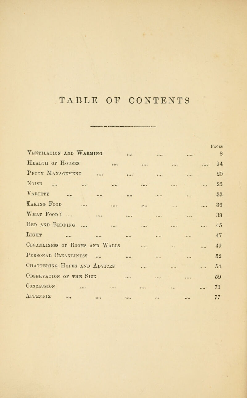 TABLE OF CONTENTS Pages Ventilation and Warming .... ,„. .... 8 Health of Houses .... .... .... .... 14 Petty Management .... .... .... .... 20 Noise .... .... .... .... .... .., 25 Variety .... .... .... .... ..,. 33 Taking Food .... .... .... .... .... 36 What Food? .... .... .... .... ... 39 Bed and Bedding .... ... .... .... .... 45 Light .... .... .... .... .... 47 Cleanliness op Rooms and Walls .... ... .... 49 Personal Cleanliness .... .... .... ... 52 Chattering Hopes and Advices .... .... ... 54 Observation op the Sick .... .... .... 69 Conclusion .... .... .... ... .... 71 Appendix .... .... ,... .„ .... 77