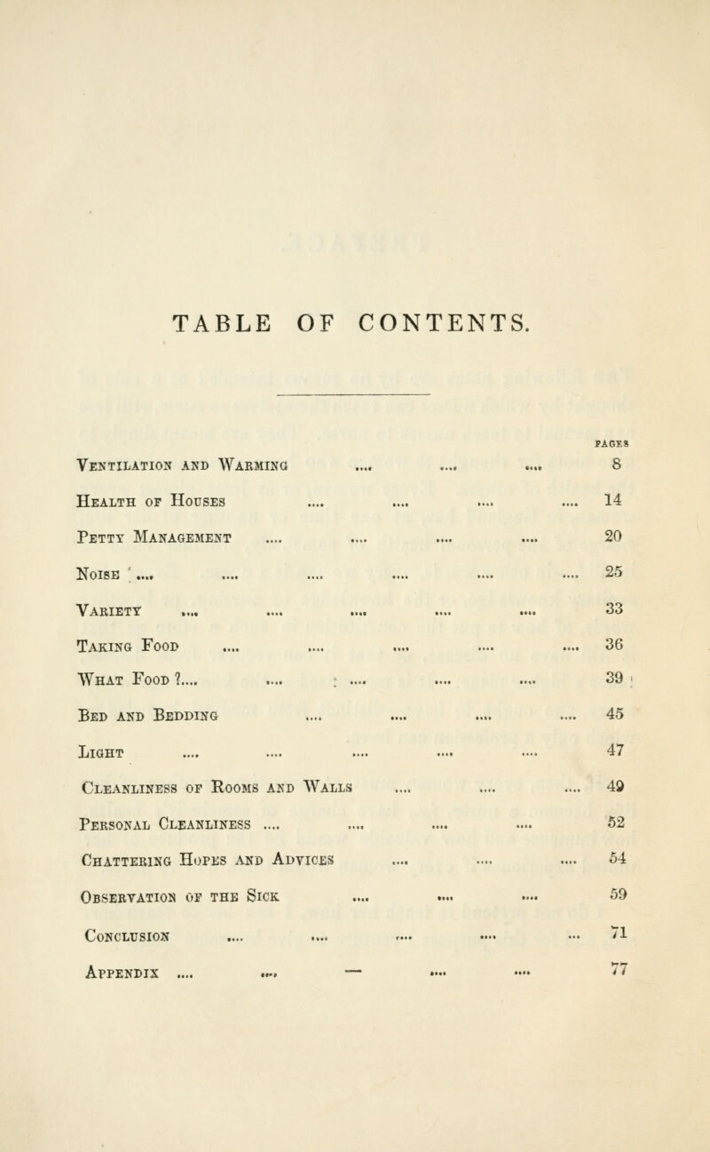 TABLE OF CONTENTS. Ventilation and Warming .... .... .... 8 Health of Houses .... .... .... .... 14 Petty Managesient .... .... .... .... 20 Noise ;.... .... .... .... .... ...= 25 Variety .... .... .... .... .... 33 Taking Food .... .... .... .... .... 36 What Food ?.... .... ; .... .... .... 39 . Bed and Bedding .... .... .... .... 45 Light .... .... .... .... ..- 47 Cleanliness of Rooms and Walls .... .... .... 49 Personal Cleanliness .... .... .... .... 62 Chattering Hopes and Advices .... .... .... 54 Observation of the Sick .... .... .... 59 Conclusion .... .... »... .... ... 71 Appendix .... ..-. — •••• •••• ^7