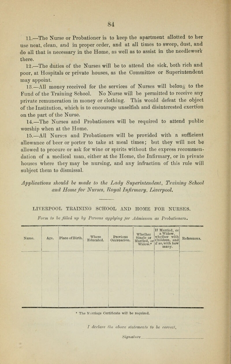 11.—The Nurse or Probationer is to keep the apartment allotted to her use neat, clean, and in proper order, and at all times to sweep, dust, and do all that is necessary in the Home, as well as to assist in the needlework there. 12.—The duties of the Nurses will be to attend the sick, both rich and poor, at Hospitals or private houses, as the Committee or Superintendent may appoint. 13.—All money received for the services of Nurses will belong to the Fund of the Training School. No Nurse will be permitted to receive any private remuneration in money or clothing. This would defeat the object of the Institution, which is to encourage unselfish and disinterested exertion on the part of the Nurse. 14.—The Nurses and Probationers will be required to attend public worship when at the Home. 15.—All Nurses and Probationers will be provided with a sufficient allowance of beer or porter to take at meal times; but they will not be allowed to procure or ask for wine or spirits without the express recommen- dation of a medical man, either at the Home, the Infirmary, or in private houses where they may be nursing, and any infraction of this rule will subject them to dismissal. Applications should he made to the Lady SripemUendent, Training School and Home for Nurses, Royal Infirmary, Liverpool. LIVEKPOOL TRAINING SCHOOL AND HOME FOE NURSES. Form to he filled up by Persons applying jor Admission as Probationers. Age. iPlace of Birth. Previous Occupation. Whether Single or Married, or Widow.* If Manied, or a Widow. whether with Children, and if so, with how many. The J'i'.rrlage Certificate will be required. T declare Hit, above stalemenls to be oorrecl. Signature