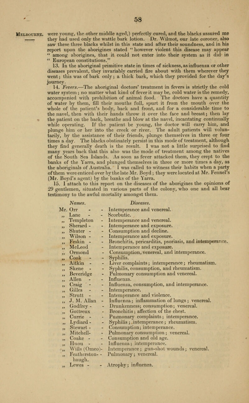 Melbourne, were young, the other middle aged.) perfectly cured, and the blacks assured me they had used only the wattle bark lotion. Dr. Wilmot, our late coroner, also saw these three blacks whilst in this state and after their soundness, and in his report upon the aborigines stated  however violent this disease may appear  among aborigines, that it could not enter into their system as it did in  European constitutions. 13. In the aboriginal primitive state in times of sickness, as influenza or other diseases prevalent, they invariably carried fire about with them wherever they went; this was of bark only; a thick bark, which they provided for the day's journey. 14. Fevers.—The aboriginal doctors' treatment in fevers is strictly the cold water system; no matter what kind of fever it maybe, cold water is the remedy, accompanied with prohibition of animal food. The doctors have a quantity of water by them, fill their mouths full, spurt it from the mouth over the whole of the patient's body, back and front, and for a considerable time to the navel, then with their hands throw it over the face and breast; then lay « the patient on the back, breathe and blow at the navel, incantating continually while operating. If the patient be young, the doctor will carry him, and plunge him or her into the creek or I'iver. The adult patients will volun- tarily, by the assistance of their friends, plunge themselves in three or four times a day. The blacks obstinately persist in this mode of treatment, although they find generally death is the result. I was not a little surprised to find many years back that this also was the mode of treatment among the natives of the South Sea Islands. As soon as fever attacked them, they crept to the banks of the Yarra, and plunged themselves in three or more times a day, as the aboriginals of Australia. I was called to witness their habits when a party of them were enticed over by the late Mr. Boyd; they were located at Mr. Fennel's (Mr. Boyd's agent) by the banks of the Yarra. 15. I attach to this report on the diseases of the aborigines the opinions of 29 gentlemen, situated in various parts of the colony, who one and all bear testimony to the awful mortality amongst them. Names. Diseases. Mr. Orr - - Intemperance and venereal. „ Lane - - Scorbutic. „ Templeton - Intemperance and venereal. „ Sherard - - Intemperance and exposure. „ Shuter - - Consumption and decline. „ Wilson - - Intemperance and exposure. „ Feskin - - Bronchitis, pericarditis, psoriasis, and intemperance. „ McLeod - Intemperance and exposure. „ Ormond - Consumption, venereal, and intemperance. „ Cook - - Syphilis. „ Aitkin - - Liver complaints; intemperance; rheumatism. ,, Skene - - Syphilis, consumption, and rheumatism. „ Beveridge - Pulmonary consumption and venereal. „ Allen - - Influenza. „ Craig - - Influenza, consumption, and intemperance. „ Gilles - - Intemperance. „ Strutt - - Intemperance and violence. ,, J. M. Allan - Influenza; inflammation of lungs; venereal. „ Godfrey - - Drunkenness; consumption; venereal. „ Gottreux - Bronchitis; affection of the chest. „ Currie - - Puimonary complaints; intemperance. „ Lydiard - - Syphilis ; intemperance; rheumatism. „ Stewart - - Consumption; intemperance. „ Mitchell- - Pulmonary consumption; venereal. „ Coake - - Consumption and old age. „ Huou - - Influenza; intemperance. „ Wills (Omeo)- Intemperance; gun-shot wounds; venereal. „ Featherston- - Pulmonary; venereal. haugh. „ Lewes - - Atrophy; influenza.