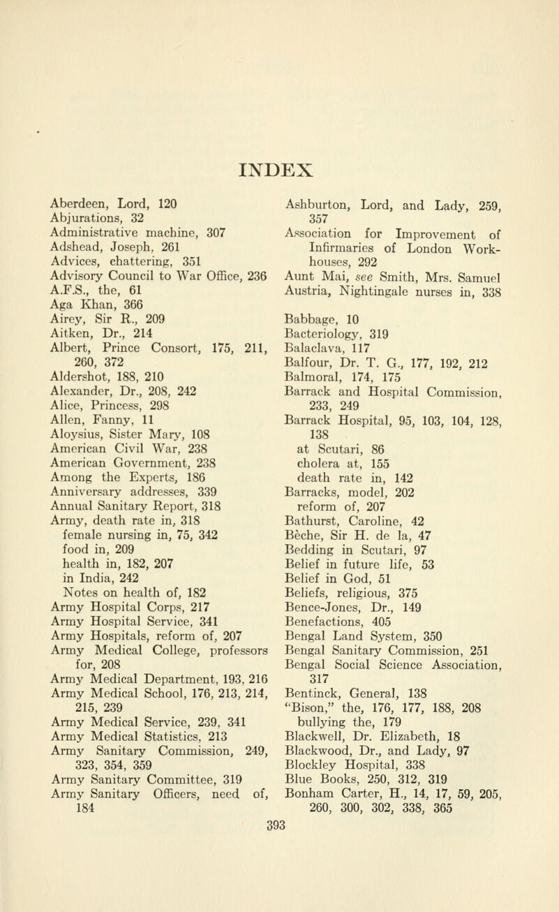 Aberdeen, Lord, 120 Abjurations, 32 Administrative machine, 307 Adshead, Joseph, 261 Advices, chattering, 351 Advisory Council to War Office, 236 A.F.S., the, 61 Aga Khan, 366 Airey, Sir R., 209 Aitken, Dr., 214 Albert, Prince Consort, 175, 211, 260, 372 Aldershot, 188, 210 Alexander, Dr., 208, 242 Alice, Princess, 298 Allen, Fanny, 11 Aloysius, Sister Mary, 108 American Civil War, 238 American Government, 238 Among the Experts, 186 Anniversary addresses, 339 Annual Sanitary Report, 318 Army, death rate in, 318 female nursing in, 75, 342 food in, 209 health in, 182, 207 in India, 242 Notes on health of, 182 Army Hospital Corps, 217 Army Hospital Service, 341 Army Hospitals, reform of, 207 Army Medical College, professors for, 208 Army Medical Department, 193, 216 Army Medical School, 176, 213, 214, 215, 239 Army Medical Service, 239, 341 Army Medical Statistics, 213 Army Sanitary Commission, 249, 323, 354, 359 Army Sanitary Committee, 319 Army Sanitary Officers, need of, 184 Ashburton, Lord, and Lady, 259, 357 Association for Improvement of Infirmaries of London Work- houses, 292 Aunt Mai, see Smith, Mrs. Samuel Austria, Nightingale nurses in, 338 Babbage, 10 Bacteriology, 319 Balaclava, 117 Balfour, Dr. T. G., 177, 192, 212 Balmoral, 174, 175 Barrack and Hospital Commission, 233, 249 Barrack Hospital, 95, 103, 104, 128, 138 at Scutari, 86 cholera at, 155 death rate in, 142 Barracks, model, 202 reform of, 207 Bathurst, Caroline, 42 Beche, Sir H. de la, 47 Bedding in Scutari, 97 Belief in future life, 53 Belief in God, 51 Beliefs, religious, 375 Bence-Jones, Dr., 149 Benefactions, 405 Bengal Land System, 350 Bengal Sanitary Commission, 251 Bengal Social Science Association, 317 Bentinck, General, 138 Bison, the, 176, 177, 188, 208 bullying the, 179 Blackwell, Dr. Elizabeth, 18 Blackwood, Dr., and Lady, 97 Blockley Hospital, 338 Blue Books, 250, 312, 319 Bonham Carter, H., 14, 17, 59, 205, 260, 300, 302, 338, 365