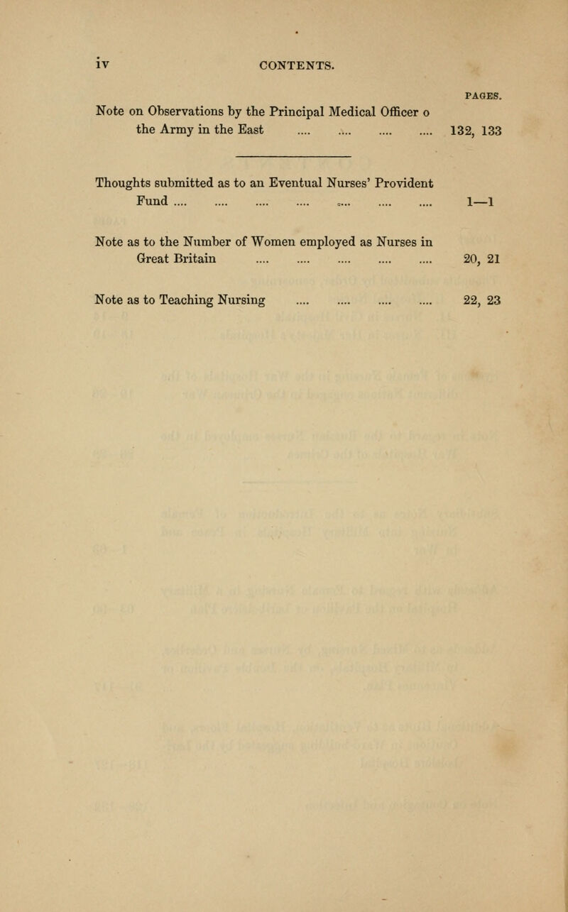 PAGES. Note on Observations by the Principal Medical Officer o the Army in the East 132, 133 Thoughts submitted as to an Eventual Nurses' Provident Fund , 1—1 Note as to the Number of Women employed as Nurses in Great Britain 20, 21 Note as to Teaching Nursing 22, 23