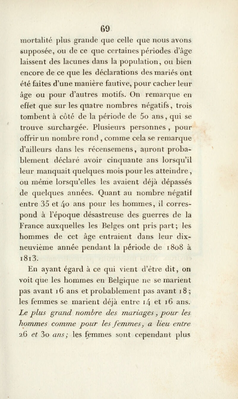 G9 mortalité plus grande que celle que nous avons supposée, ou de ce que certaines périodes d'âge laissent des lacunes dans la population, ou bien encore de ce que les déclarations des mariés ont été faites d'une manière fautive, pour cacher leur âge ou pour d'autres motifs. On remarque en effet que sur les quatre nombres négatifs, trois tombent à côté de la période de 5o ans, qui se trouve surchargée. Plusieurs personnes , pour offrir un nombre rond , comme cela se remarque d'ailleurs dans les récensemens, auront proba- blement déclaré avoir cinquante ans lorsqu'il leur manquait quelques mois pour les atteindre, ou même lorsqu'elles les avaient déjà dépassés de quelques années. Quant au nombre négatif entre 35 et 4o «'^s pour les hommes, il corres- pond à l'époque désastreuse des guerres de la France auxquelles les Belges ont pris part; les hommes de cet âge entraient dans leur dix- neuvième année pendant la période de 1808 à i8i3. En ayant égard à ce qui vient d'être dit, on voit que les hommes en Belgique ne se marient pas avant 16 ans et probablement pas avant 18 ; les femmes se marient déjà entre i4 et 16 ans. Le plus grand nombre des mariages, pour les hommes comme pour les femmes, a lieu entre 26 et 3o ans ; les femmes sont cependant plus