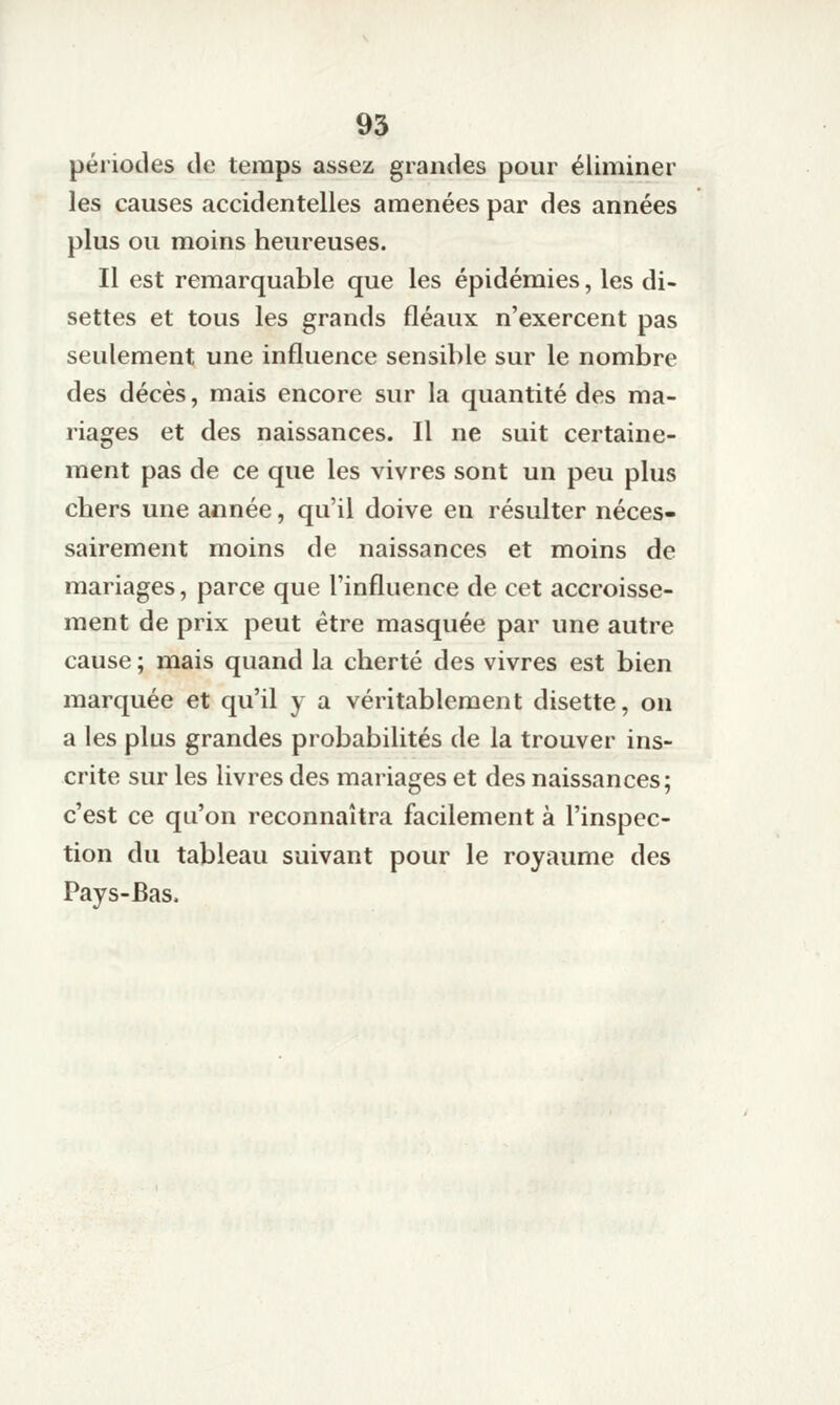péi'iodes de temps assez grandes pour éliminer les causes accidentelles amenées par des années plus ou moins heureuses. Il est remarquable que les épidémies, les di- settes et tous les grands fléaux n'exercent pas seulement une influence sensible sur le nombre des décès, mais encore sur la quantité des ma- riages et des naissances. Il ne suit certaine- ment pas de ce que les vivres sont un peu plus chers une année, qu'il doive en résulter néces- sairement moins de naissances et moins de mariages, parce que l'influence de cet accroisse- ment de prix peut être masquée par une autre cause ; mais quand la cherté des vivres est bien marquée et qu'il y a véritablement disette, on a les plus grandes probabilités de la trouver ins- crite sur les livres des mariages et des naissances; c'est ce qu'on reconnaîtra facilement à l'inspec- tion du tableau suivant pour le royaume des Pays-Bas.