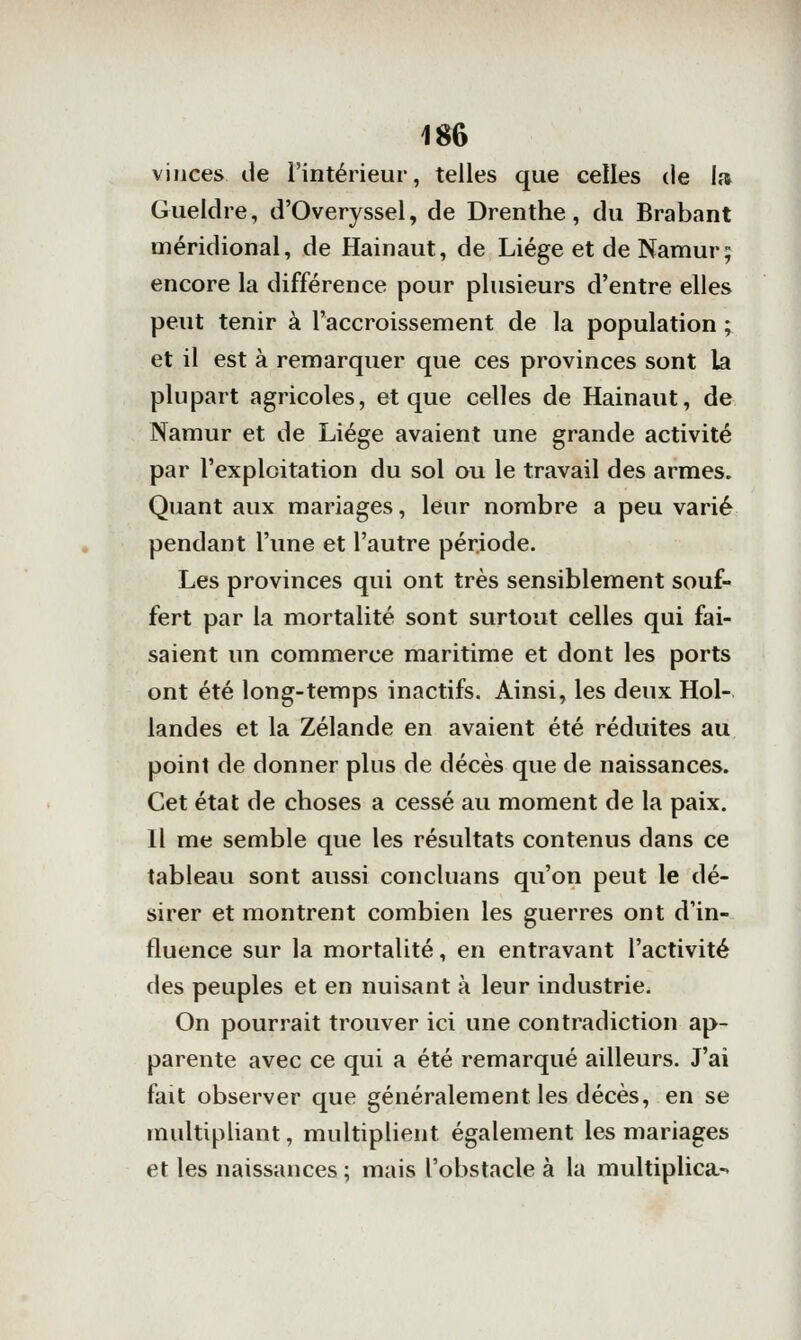 viiices de l'intérieur, telles que celles de la Gueldre, d'Overyssel, de Drenthe, du Brabant méridional, de Hainaut, de Liège et de Namur; encore la différence pour plusieurs d'entre elles peut tenir à l'accroissement de la population ; et il est à remarquer que ces provinces sont la plupart agricoles, et que celles de Hainaut, de Namur et de Liège avaient une grande activité par l'exploitation du sol ou le travail des armes. Quant aux mariages, leur nombre a peu varié pendant l'une et l'autre période. Les provinces qui ont très sensiblement souf- fert par la mortalité sont surtout celles qui fai- saient un commerce maritime et dont les ports ont été long-temps inactifs. Ainsi, les deux Hol- landes et la Zélande en avaient été réduites au point de donner plus de décès que de naissances. Cet état de choses a cessé au moment de la paix. Il me semble que les résultats contenus dans ce tableau sont aussi concluans qu'on peut le dé- sirer et montrent combien les guerres ont d'in- fluence sur la mortalité, en entravant l'activité des peuples et en nuisant à leur industrie. On pourrait trouver ici une contradiction ap- parente avec ce qui a été remarqué ailleurs. J'ai fait observer que généralement les décès, en se multipliant, multiplient également les mariages et les naissances ; mais l'obstacle à la multiplica-»