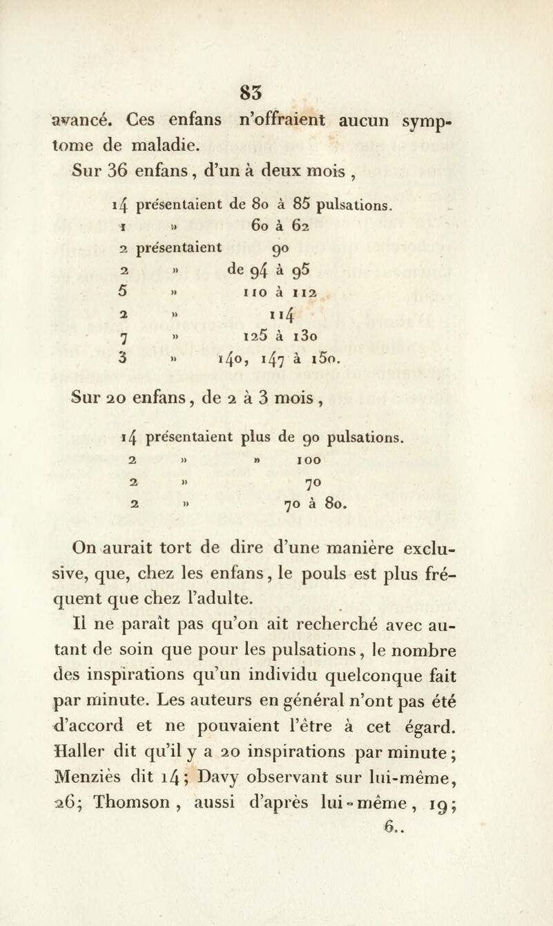 85 a^^ancé. Ces enfans n'offraient aucun symp- tôme de maladie. Sur 36 enfans, d'un à deux mois , i4 présentaient de 80 à 85 pulsations. 1 i> 60 à 62 2 présentaient go 2 » de 94 à gS 5 >• 11 o à 112 2 » 114 7 » 125 à i3o 3 » 140, 147 à i5o. Sur 20 enfans, de 2 à 3 mois, i4 présentaient plus de 90 pulsations. 2 » » I00 2 » 70 2 » 70 à 80. On aurait tort de dire d'une manière exclu- sive, que, chez les enfans, le pouls est plus fré- quent que chez l'adulte. Il ne paraît pas qu'on ait recherché avec au- tant de soin que pour les pulsations, le nombre des inspirations qu'un individu quelconque fait par minute. Les auteurs en général n'ont pas été d'accord et ne pouvaient l'être à cet égard. Haller dit qu'il y a 20 inspirations par minute ; Menziès dit i4; Davy observant sur lui-même, 26; Thomson, aussi d'après lui-même, 19;