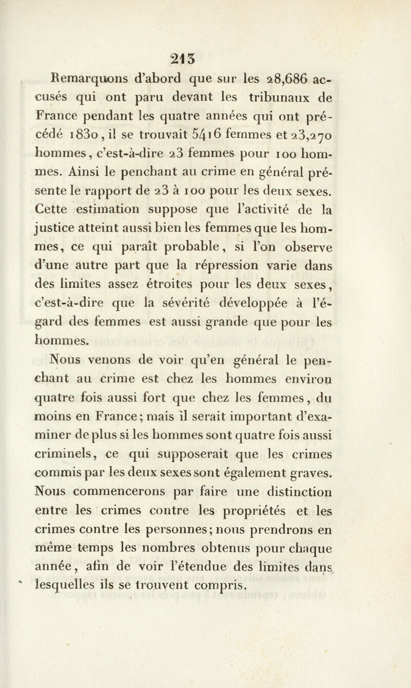 Remarquons d'abord que sur les 28,686 ac- cusés qui ont paru devant les tribunaux de France pendant les quatre années qui ont pré- cédé i83o, il se trouvait 5416 femmes et 23,270 hommes, c'est-à-dire 23 femmes pour 100 hom- mes. Ainsi le penchant au crime en général pré- sente le rapport de 23 à 100 pour les deux sexes. Cette estimation suppose que l'activité de la justice atteint aussi bien les femmes que les hom- mes , ce qui paraît probable, si l'on observe d'une autre part que la répression varie dans des limites assez étroites pour les deux sexes, c'est-à-dire que la sévérité développée à l'é- gard des femmes est aussi grande que pour les hommes. Nous venons de voir qu'en général le pen- chant au crime est chez les hommes environ quatre fois aussi fort que chez les femmes, du moins en France; mais il serait important d'exa- miner de plus si les hommes sont quatre fois aussi criminels, ce qui supposerait que les crimes commis par les deux sexes sont également graves. Nous commencerons par faire une distinction entre les crimes contre les propriétés et les crimes contre les personnes; nous prendrons en même temps les nombres obtenus pour chaque année, afin de voir l'étendue des limites dans * lesquelles ils se trouvent compris.