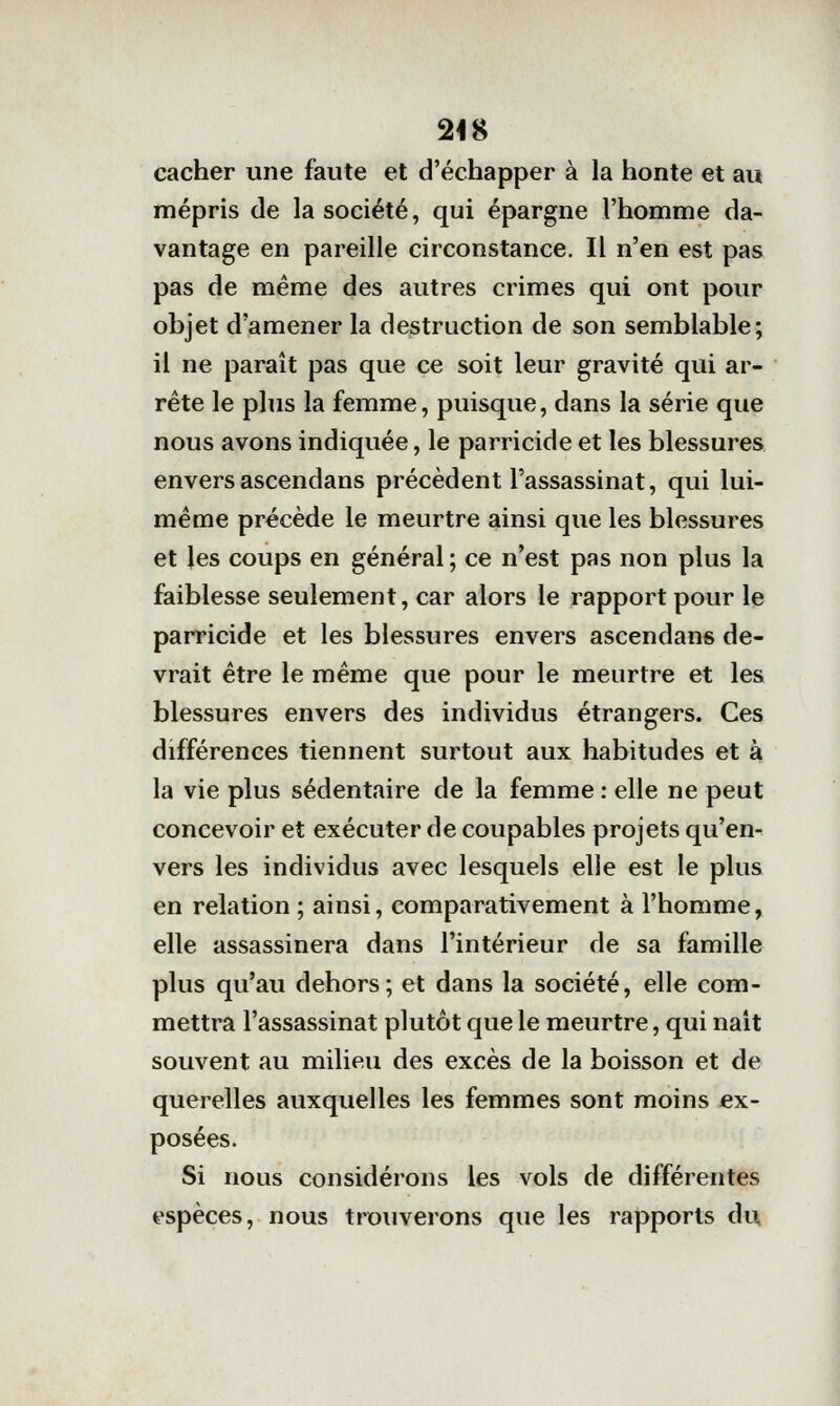 248 cacher une faute et d'échapper à la honte et au mépris de la société, qui épargne l'homme da- vantage en pareille circonstance. Il n'en est pas pas de même des autres crimes qui ont pour objet d'amener la destruction de son semblable; il ne paraît pas que ce soit leur gravité qui ar- rête le plus la femme, puisque, dans la série que nous avons indiquée, le parricide et les blessures enversascendans précèdent l'assassinat, qui lui- même précède le meurtre ainsi que les blessures et les coups en général ; ce n'est pas non plus la faiblesse seulement, car alors le rapport pour le parricide et les blessures envers ascendans de- vrait être le même que pour le meurtre et les blessures envers des individus étrangers. Ces différences tiennent surtout aux habitudes et à la vie plus sédentaire de la femme : elle ne peut concevoir et exécuter de coupables projets qu'en- vers les individus avec lesquels elle est le plus en relation ; ainsi, comparativement à l'homme, elle assassinera dans l'intérieur de sa famille plus qu'au dehors; et dans la société, elle com- mettra l'assassinat plutôt que le meurtre, qui naît souvent au milieu des excès de la boisson et de querelles auxquelles les femmes sont moins ex- posées. Si nous considérons les vols de différentes espèces, nous trouverons que les rapports du»