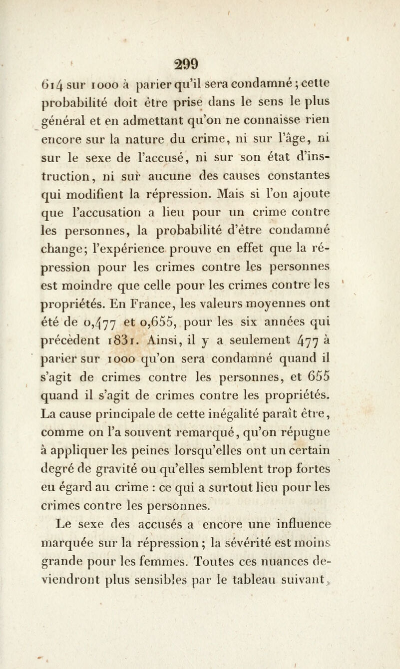 6i4 sur looo à parier qu'il sera condamné ; cette probabilité doit être prise dans le sens le plus général et en admettant qu'on ne connaisse rien encore sur la nature du crime, ni sur l'âge, ni sur le sexe de l'accusé, ni sur son état d'ins- truction, ni sur aucune des causes constantes qui modifient la répression. Mais si l'on ajoute que l'accusation a lieu pour un crime contre les personnes, la probabilité d'être condamné change; l'expérience prouve en effet que la ré- pression pour les crimes contre les personnes est moindre que celle pour les crimes contre les propriétés. En France, les valeurs moyennes ont été de 0,477 ^^ o,655, pour les six années qui précèdent i83i. Ainsi, il y a seulement 477 à parier sur 1000 qu'on sera condamné quand il s'agit de crimes contre les personnes, et 655 quand il s'agit de crimes contre les propriétés. La cause principale de cette inégalité paraît être, comme on l'a souvent remarqué, qu'on répugne à appliquer les peines lorsqu'elles ont un certain degré de gravité ou qu'elles semblent trop fortes eu égard au crime : ce qui a surtout lieu pour les crimes contre les personnes. Le sexe des accusés a encore une influence marquée sur la répression ; la sévérité est moins grande pour les femmes. Toutes ces nminces de- viendront plus sensibles par le tableau suivant^