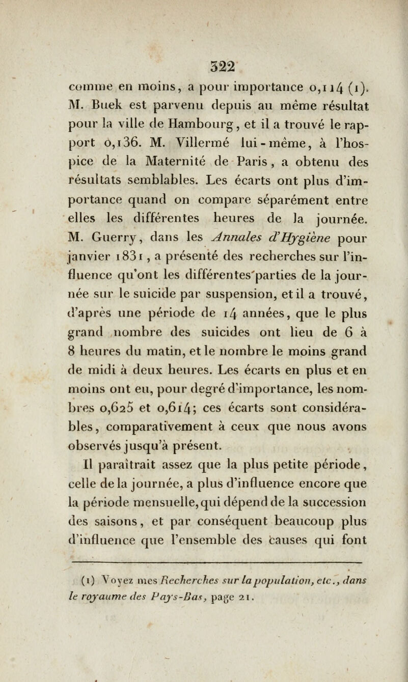 comme en moins, a pour importance o,ii4 (i). M. Buek est parvenu depuis au même résultat pour la ville de Hambourg, et il a trouvé le rap- port o,i36. M. Villermé lui-même, à l'hos- pice de la Maternité de Paris, a obtenu des résultats semblables. Les écarts ont plus d'im- portance quand on compare séparément entre elles les différentes heures de la journée. M. Guerry, dans les Annales d'Hygiène pour janvier i83i, a présenté des recherches sur l'in- fluence qu'ont les différentes'parties de la jour- née sur le suicide par suspension, et il a trouvé, d'après une période de i4 années, que le plus grand nombre des suicides ont lieu de 6 à 8 heures du matin, et le nombre le moins grand de midi à deux heures. Les écarts en plus et en moins ont eu, pour degré d'importance, les nom- bres o,G25 et o,6i4; ces écarts sont considéra- bles , comparativement à ceux que nous avons observés jusqu'à présent. Il paraîtrait assez que la plus petite période, celle delà journée, a plus d'influence encore que la période mensuelle, qui dépend de la succession des saisons, et par conséquent beaucoup plus d'influence que l'ensemble des fcauses qui font (i) Voyez mes Recherches sur la population, etc., dans le roj'aume (les Pays-Bas, pafje 21.