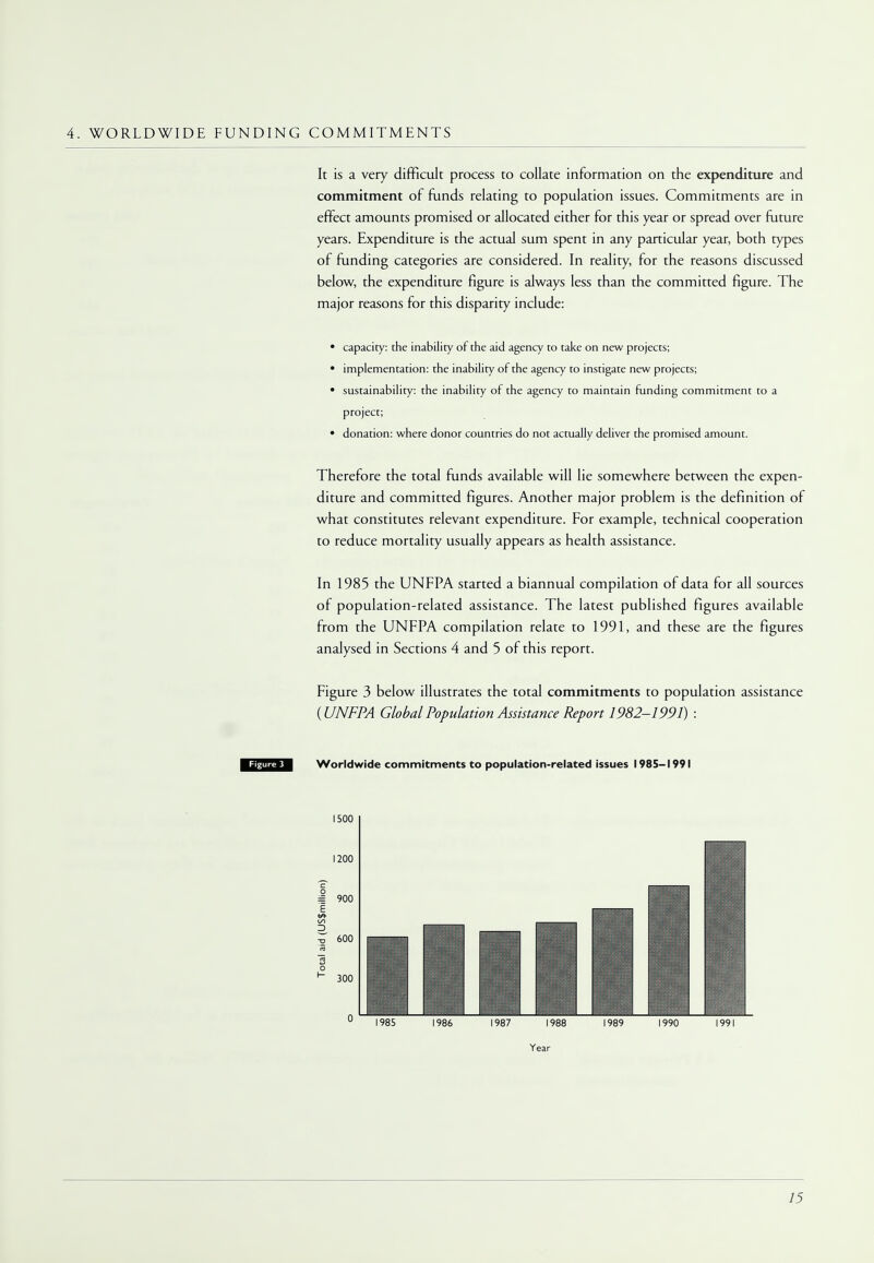 4. WORLDWIDE FUNDING COMMITMENTS It is a very difficult process to collate information on the expenditure and commitment of funds relating to population issues. Commitments are in effect amounts promised or allocated either for this year or spread over future years. Expenditure is the actual sum spent in any particular year, both types of funding categories are considered. In reality, for the reasons discussed below, the expenditure figure is always less than the committed figure. The major reasons for this disparity include: • capacity: the inability of the aid agency to take on new projects; • implementation: the inability of the agency to instigate new projects; • sustainability: the inability of the agency to maintain funding commitment to a project; • donation: where donor countries do not actually deliver the promised amount. Therefore the total funds available will lie somewhere between the expen- diture and committed figures. Another major problem is the definition of what constitutes relevant expenditure. For example, technical cooperation to reduce mortality usually appears as health assistance. In 1985 the UNFPA started a biannual compilation of data for all sources of population-related assistance. The latest published figures available from the UNFPA compilation relate to 1991, and these are the figures analysed in Sections 4 and 5 of this report. Figure 3 below illustrates the total commitments to population assistance {UNFPA Global Population Assistance Report 1982-1991) : Worldwide commitments to population-related issues 1985-1991 1500 Year