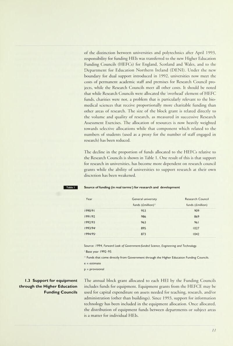 1.3 Support for equipment through the Higher Education Funding Councils of the distinction between universities and polytechnics after April 1993, responsibility for funding HEIs was transferred to the new Higher Education Funding Councils (HEFCs) for England, Scotland and Wales, and to the Department for Education Northern Ireland (DENI). Under the new boundary for dual support introduced in 1992, universities now meet the costs of permanent academic staff and premises for Research Council pro- jects, while the Research Councils meet all other costs. It should be noted that while Research Councils were allocated the 'overhead' element of HEFC funds, charities were not, a problem that is particularly relevant to the bio- medical sciences that receive proportionally more charitable funding than other areas of research. The size of the block grant is related directly to the volume and quality of research, as measured in successive Research Assessment Exercises. The allocation of resources is now heavily weighted towards selective allocations while that component which related to the numbers of students (used as a proxy for the number of staff engaged in research) has been reduced. The decline in the proportion of funds allocated to the HEFCs relative to the Research Councils is shown in Table 1. One result of this is that support for research in universities, has become more dependent on research council grants while the ability of universities to support research at their own discretion has been weakened. Source of funding (in real terms*) for research and development Year General university funds (£million)n Research Council funds (£million) 1990/91 953 909 1991/92 986 869 1992/93 963 961 1993/94' 895 1027 1994/95 873 1042 Source: / 994, Forward Look of Government-funded Science, Engineering and Technology. ' Base year 1992-93. ft Funds that come directly from Government through the Higher Education Funding Councils, e = estimate p = provisional The annual block grant allocated to each HEI by the Funding Councils includes funds for equipment. Equipment grants from the HEFCE may be used for capital expenditure on assets needed for teaching, research, and/or administration (other than buildings). Since 1993, support for information technology has been included in the equipment allocation. Once allocated, the distribution of equipment funds between departments or subject areas is a matter for individual HEIs. //