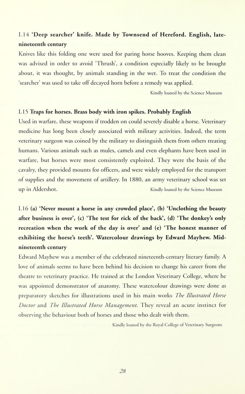 1.14 'Deep searcher' knife. Made by Townsend of Hereford. English, late- nineteenth century Knives like this folding one were used for paring horse hooves. Keeping them clean was advised in order to avoid 'Thrush', a condition especially likely to be brought about, it was thought, by animals standing in the wet. To treat the condition the 'searcher' was used to take off decayed horn before a remedy was applied. Kindly loaned by the Science Museum 1.15 Traps for horses. Brass body with iron spikes. Probably English Used in warfare, these weapons if trodden on could severely disable a horse. Veterinary medicine has long been closely associated with military activities. Indeed, the term veterinary surgeon was coined by the military to distinguish them from others treating humans. Various animals such as mules, camels and even elephants have been used in warfare, but horses were most consistently exploited. They were the basis of the cavalry, they provided mounts for officers, and were widely employed for the transport of supplies and the movement of artillery. In 1880, an army veterinary school was set Up in Aldershot. Kindly loaned by the Science Museum 1.16 (a) 'Never mount a horse in any crowded place', (b) 'Unclothing the beauty after business is over', (c) 'The test for rick of the back', (d) 'The donkey's only recreation when the work of the day is over' and (e) 'The honest manner of exhibiting the horse's teeth'. Watercolour drawings by Edward Mayhew. Mid- nineteenth century Edward Mayhew was a member of the celebrated nineteenth-century literary family. A love of animals seems to have been behind his decision to change his career from the theatre to veterinary practice. He trained at the London Veterinary College, where he was appointed demonstrator of anatomy. These watercolour drawings were done as preparatory sketches for illustrations used in his main works The Illustrated Horse Doctor and The Illustrated Horse Management. They reveal an acute instinct for observing the behaviour both of horses and those who dealt with them. Kindly loaned by the Royal College of Veterinaty Surgeons