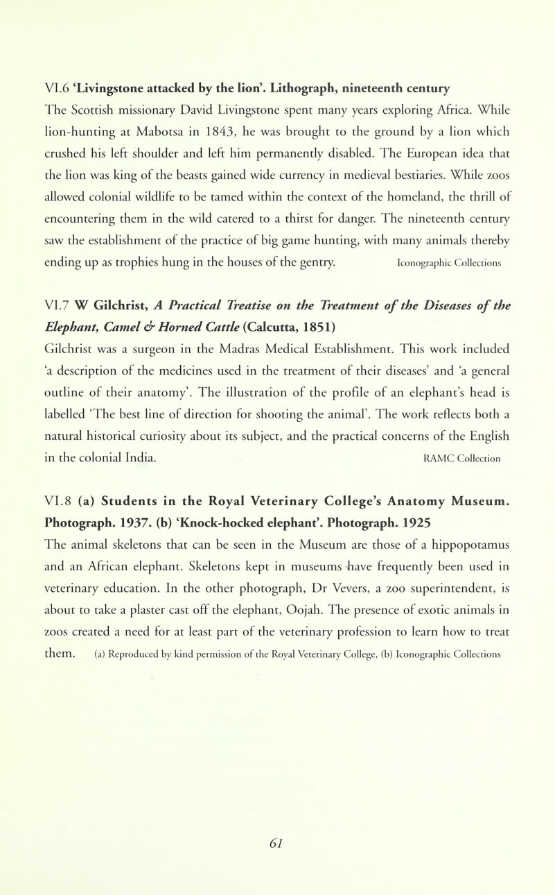 VI.6 'Livingstone attacked by the lion'. Lithograph, nineteenth century The Scottish missionary David Livingstone spent many years exploring Africa. While lion-hunting at Mabotsa in 1843, he was brought to the ground by a lion which crushed his left shoulder and left him permanently disabled. The European idea that the lion was king of the beasts gained wide currency in medieval bestiaries. While zoos allowed colonial wildlife to be tamed within the context of the homeland, the thrill of encountering them in the wild catered to a thirst for danger. The nineteenth century saw the establishment of the practice of big game hunting, with many animals thereby ending up as trophies hung in the houses of the gentry. Iconographic Collections VI.7 W Gilchrist, A Practical Treatise on the Treatment of the Diseases of the Elephant, Camel & Horned Cattle (Calcutta, 1851) Gilchrist was a surgeon in the Madras Medical Establishment. This work included 'a description of the medicines used in the treatment of their diseases' and 'a general outline of their anatomy'. The illustration of the profile of an elephant's head is labelled 'The best line of direction for shooting the animal'. The work reflects both a natural historical curiosity about its subject, and the practical concerns of the English in the colonial India. RAMC Collection VI.8 (a) Students in the Royal Veterinary College's Anatomy Museum. Photograph. 1937. (b) 'Knock-hocked elephant'. Photograph. 1925 The animal skeletons that can be seen in the Museum are those of a hippopotamus and an African elephant. Skeletons kept in museums Eiave frequently been used in veterinary education. In the other photograph, Dr Vevers, a zoo superintendent, is about to take a plaster cast off the elephant, Oojah. The presence of exotic animals in zoos created a need for at least part of the veterinary profession to learn how to treat them. (a) Reproduced by kind permission of the Royal Veterinary College, (b) Iconographic Collections